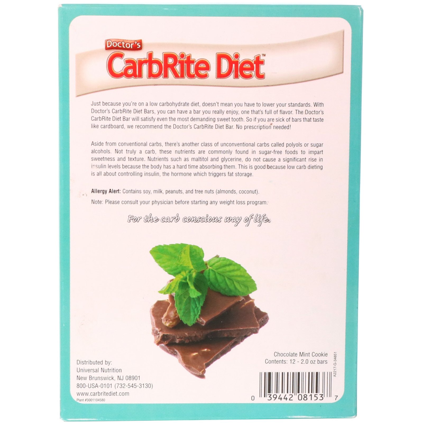 Comprar Universal Nutrition, Doctor's CarbRite Diet Bars, Chocolate Mint Cookie, 12 Bars, 2.00 oz (56.7 g) Each - Imagem 3