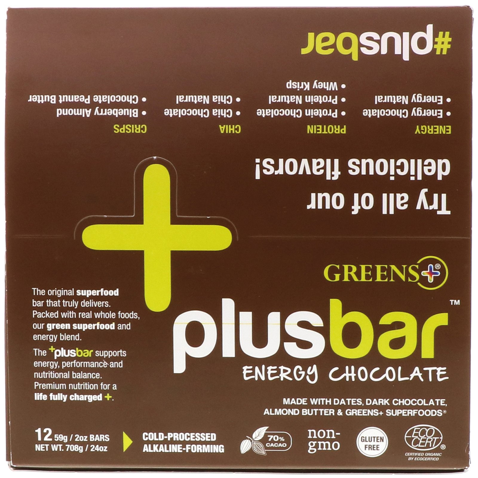 Comprar Greens Plus, Plusbar, Energy Chocolate, 12 Bars, 2 oz (59 g) Each - Imagem 2