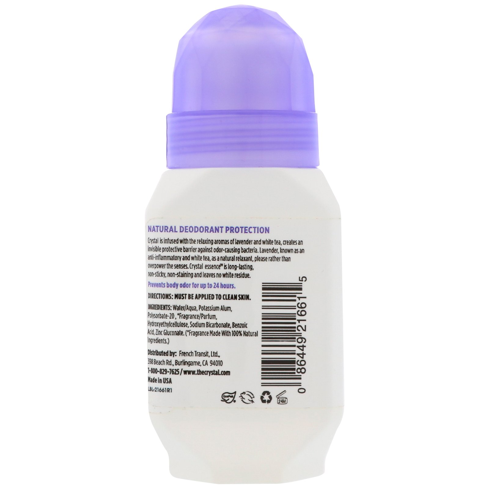 Comprar Crystal Body Deodorant, Desodorante Natural Roll-On, Lavanda e Chá Branco, 66 ml (2,25 fl oz) - Imagem 2