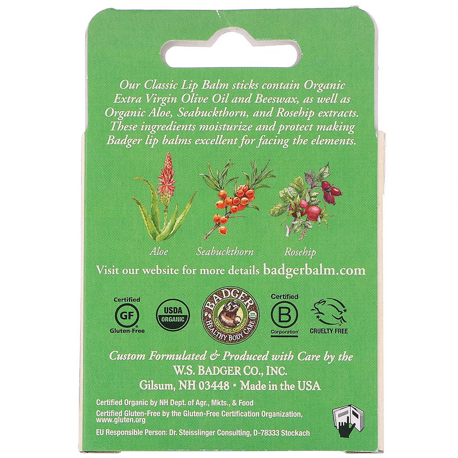 Comprar Badger Company, Organic Classic Lip Balm, Caixa Verde, 4 Bálsamos Labiais, 0,15 oz (4,2 g) Cada - Imagem 2