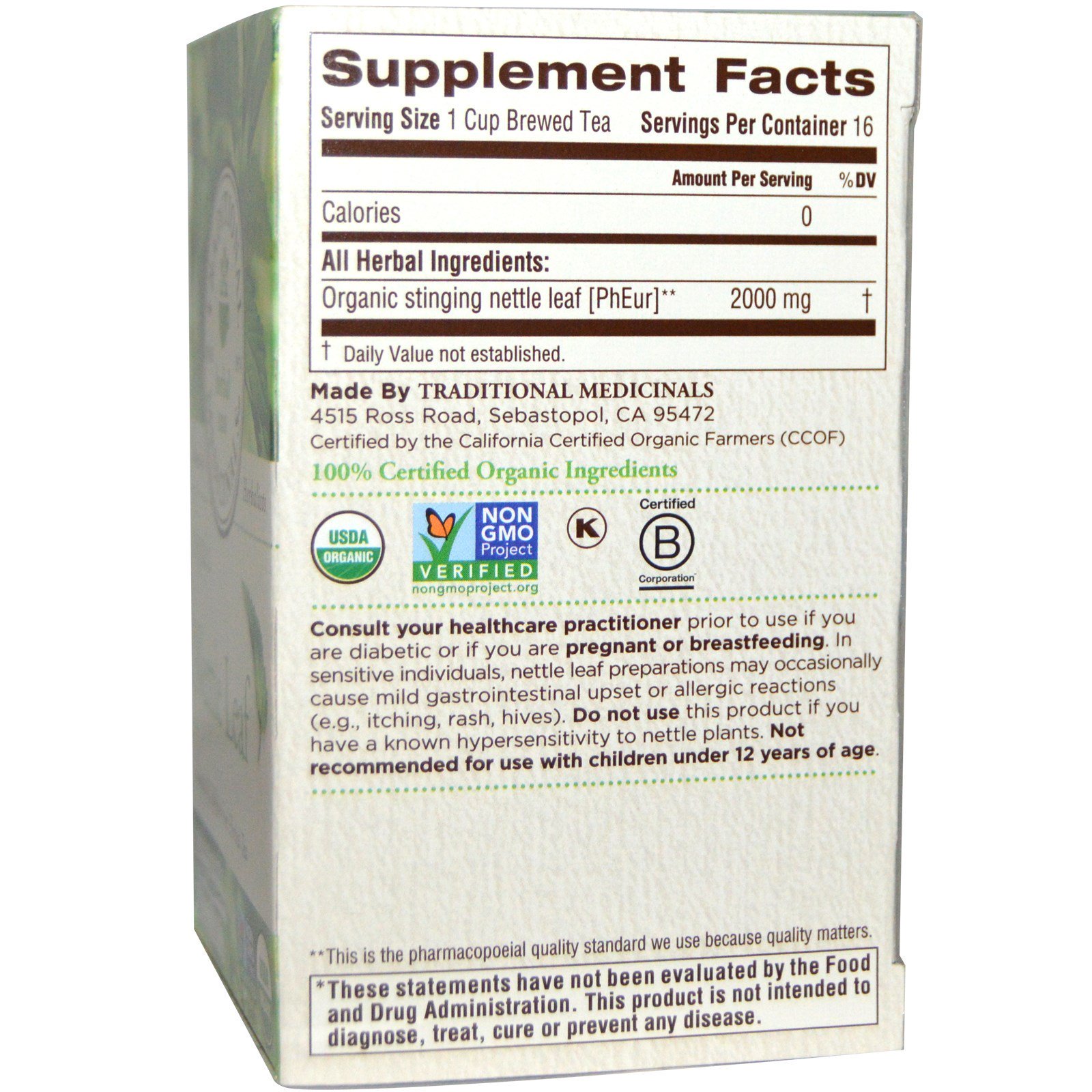 Comprar Traditional Medicinals, Herbal Teas, Chá de Urtiga Orgânica, Folhas Naturalmente Sem Cafeína, 16 Saquinhos de Chá Embalados, 32 g (1,13 oz) - Imagem 2