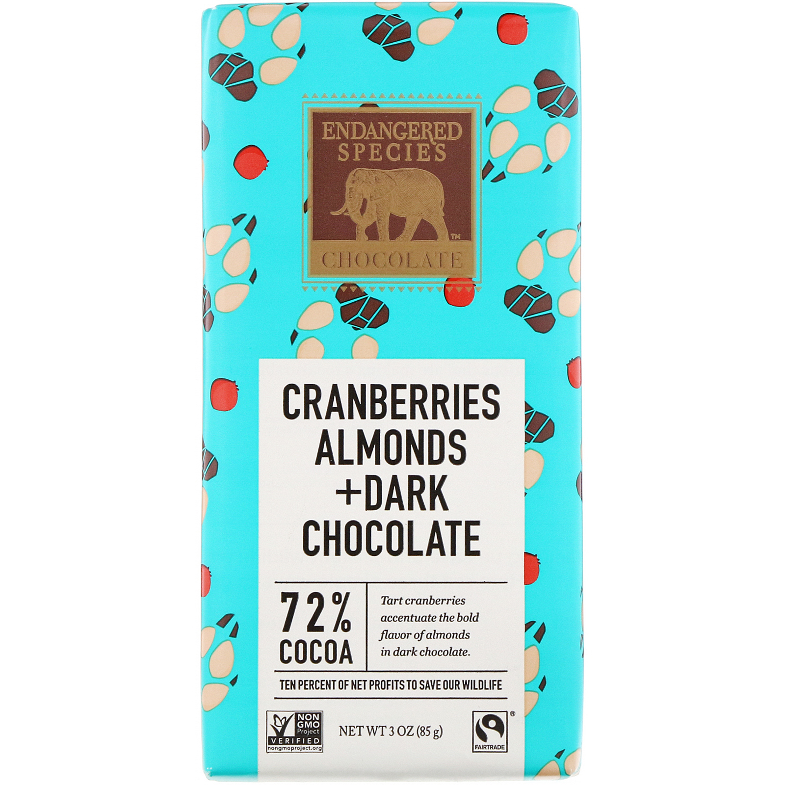 Comprar Endangered Species Chocolate, Cranberries, Almonds + Dark Chocolate, 72% Cocoa, 3 oz (85 g)