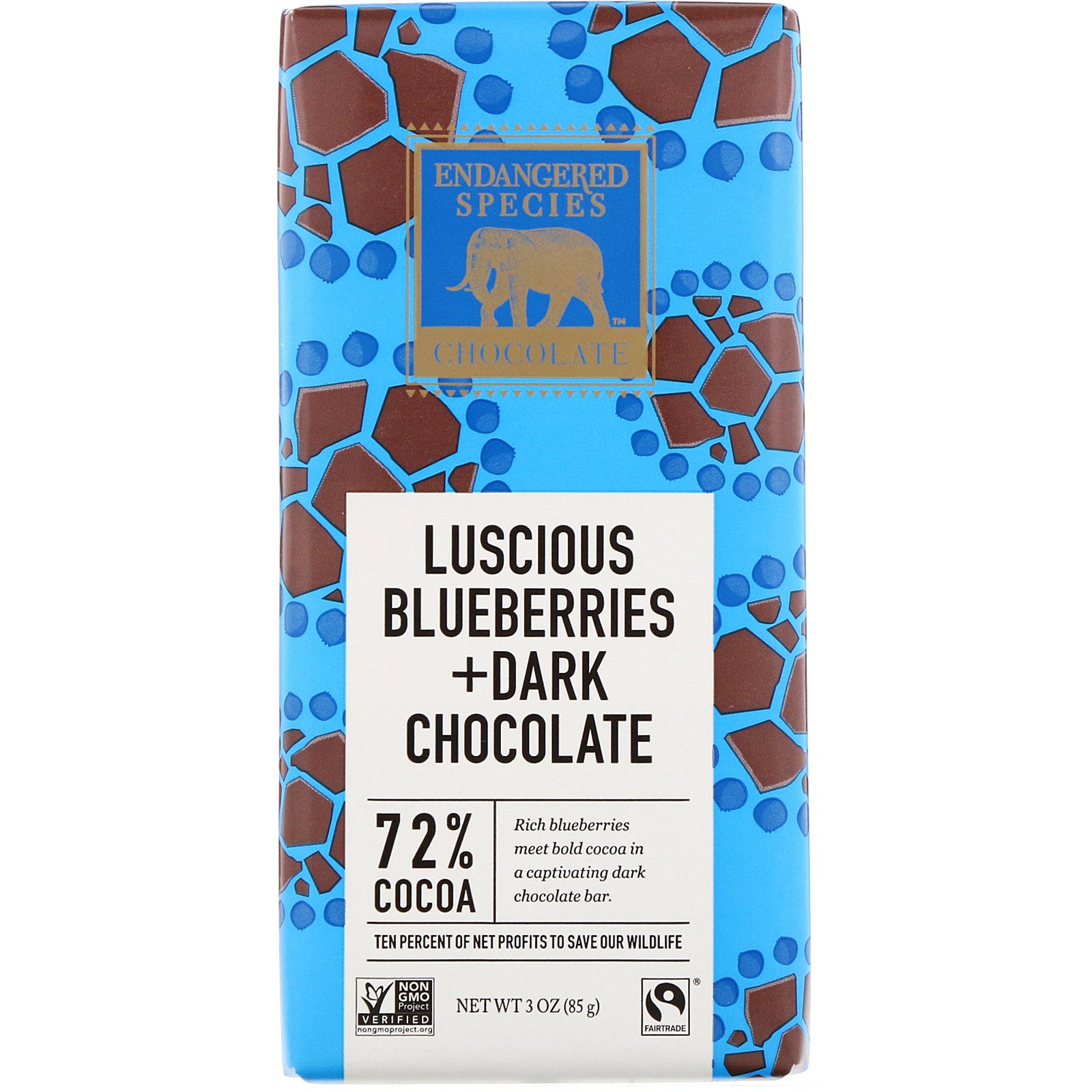Comprar Endangered Species Chocolate, Luscious Blueberries + Dark Chocolate, 72% Cocoa, 3 oz (85 g)