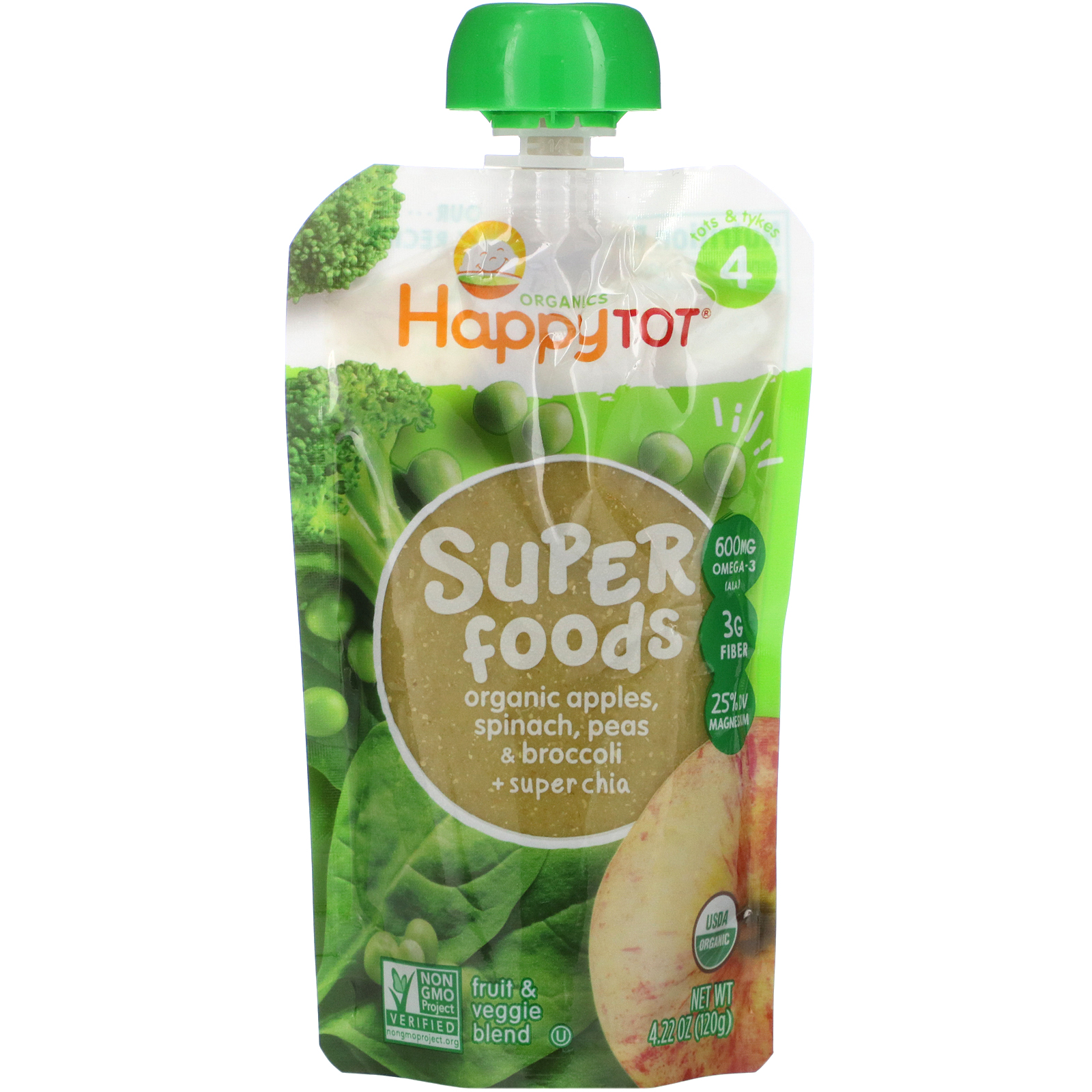 Comprar Happy Family Organics, Happytot, Superfoods, Stage 4. Organic Apples, Spinach, Peas & Broccoli + Super Chia, 4.22 oz (120 g)