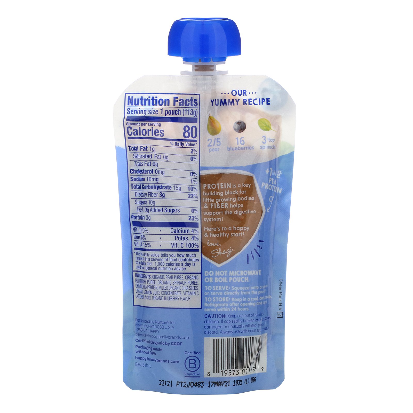 Comprar Happy Family Organics, Happytot, Fiber & Protein, Organic Pears, Blueberries & Spinach, 4 oz (113 g) - Imagem 2