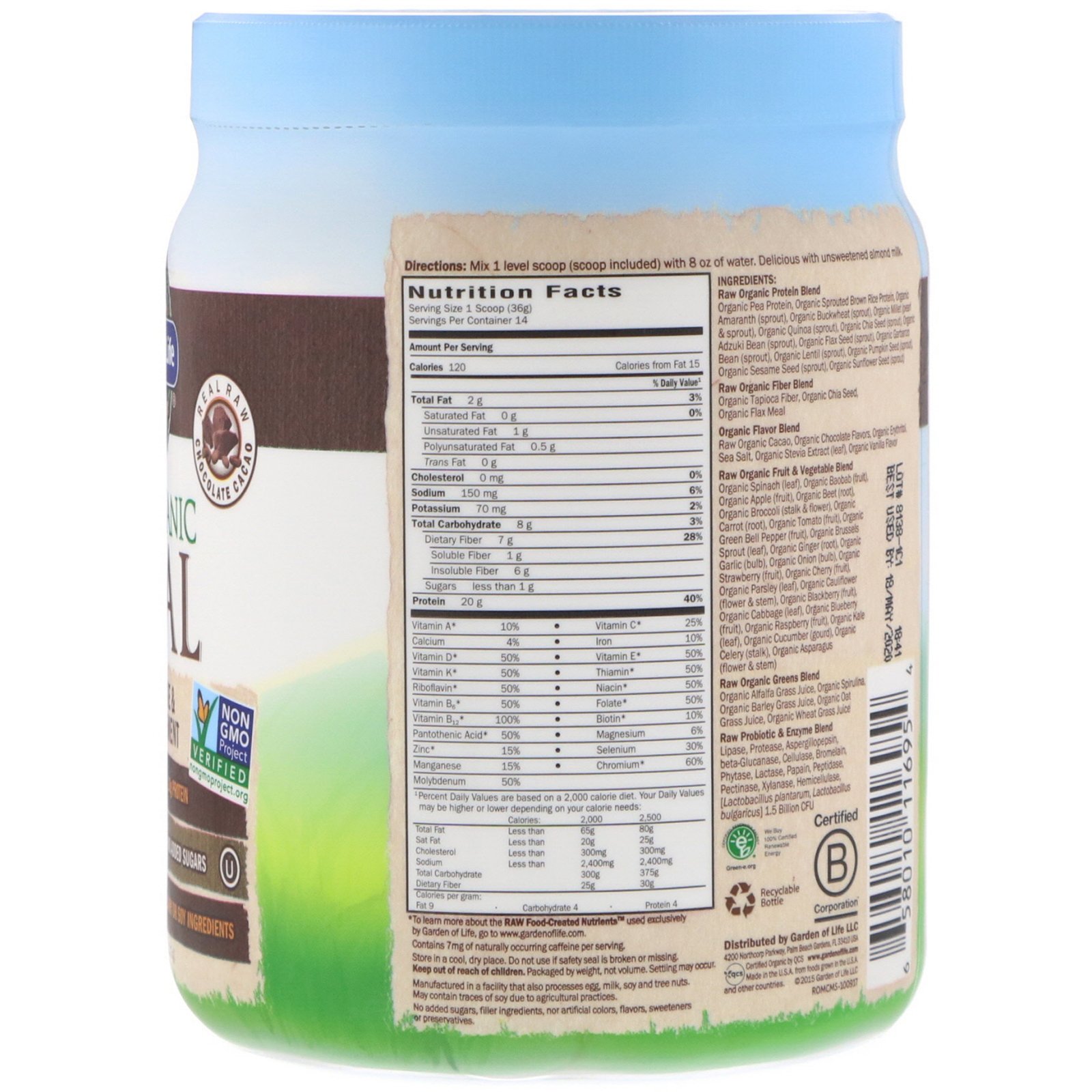 Comprar Garden of Life, RAW Organic Meal, Shake & Meal Replacement, Chocolate Cacao, 17.9 oz (509 g) - Imagem 2