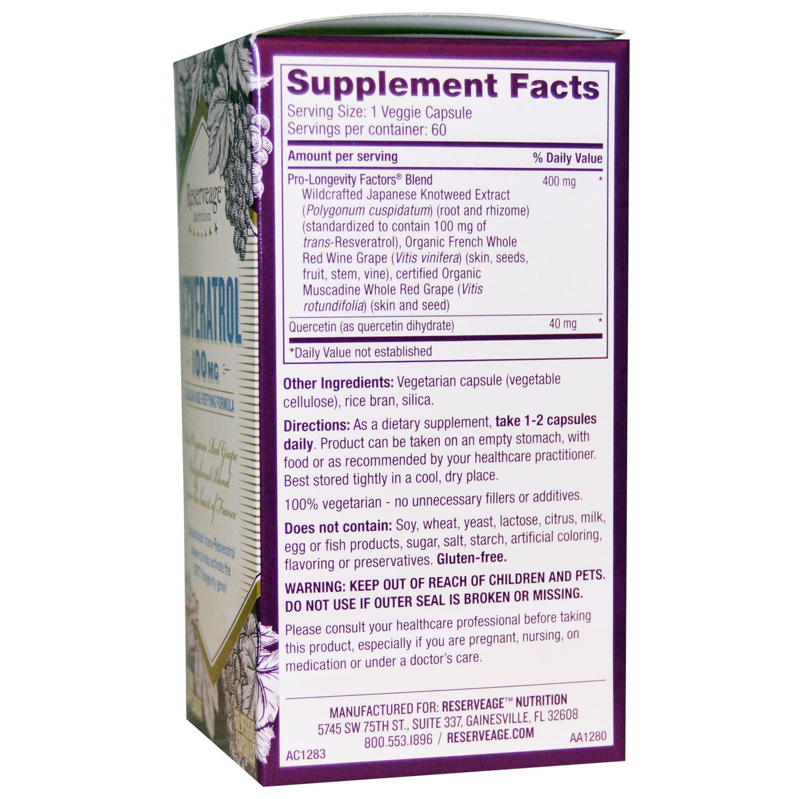 Comprar ReserveAge Nutrition, Resveratrol, 100 mg, 60 Veggie Capsules - Imagem 2