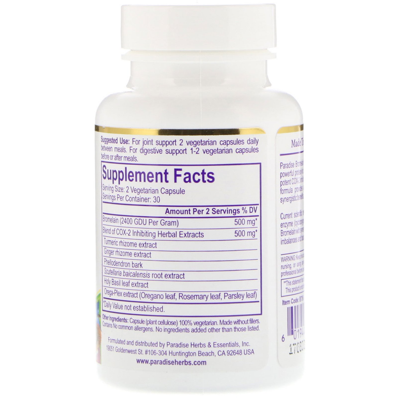 Comprar Paradise Herbs, Bromelaína, Fórmula para Articulações e Sistema Digestivo, 60 Comprimidos Vegetarianos - Imagem 2