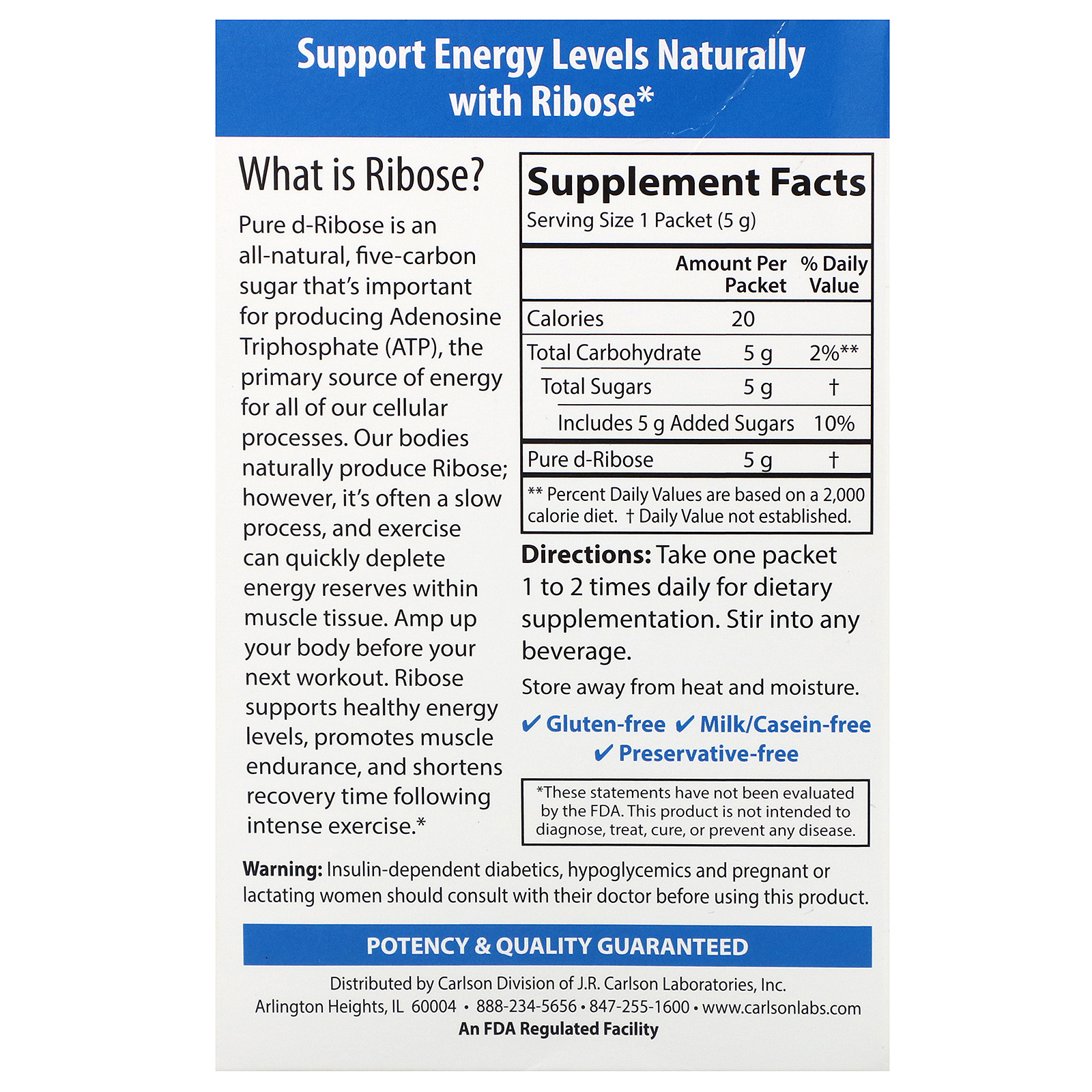 Comprar Carlson Labs, Ribose , 30 Single Serving Packets, 5 g Each - Imagem 2