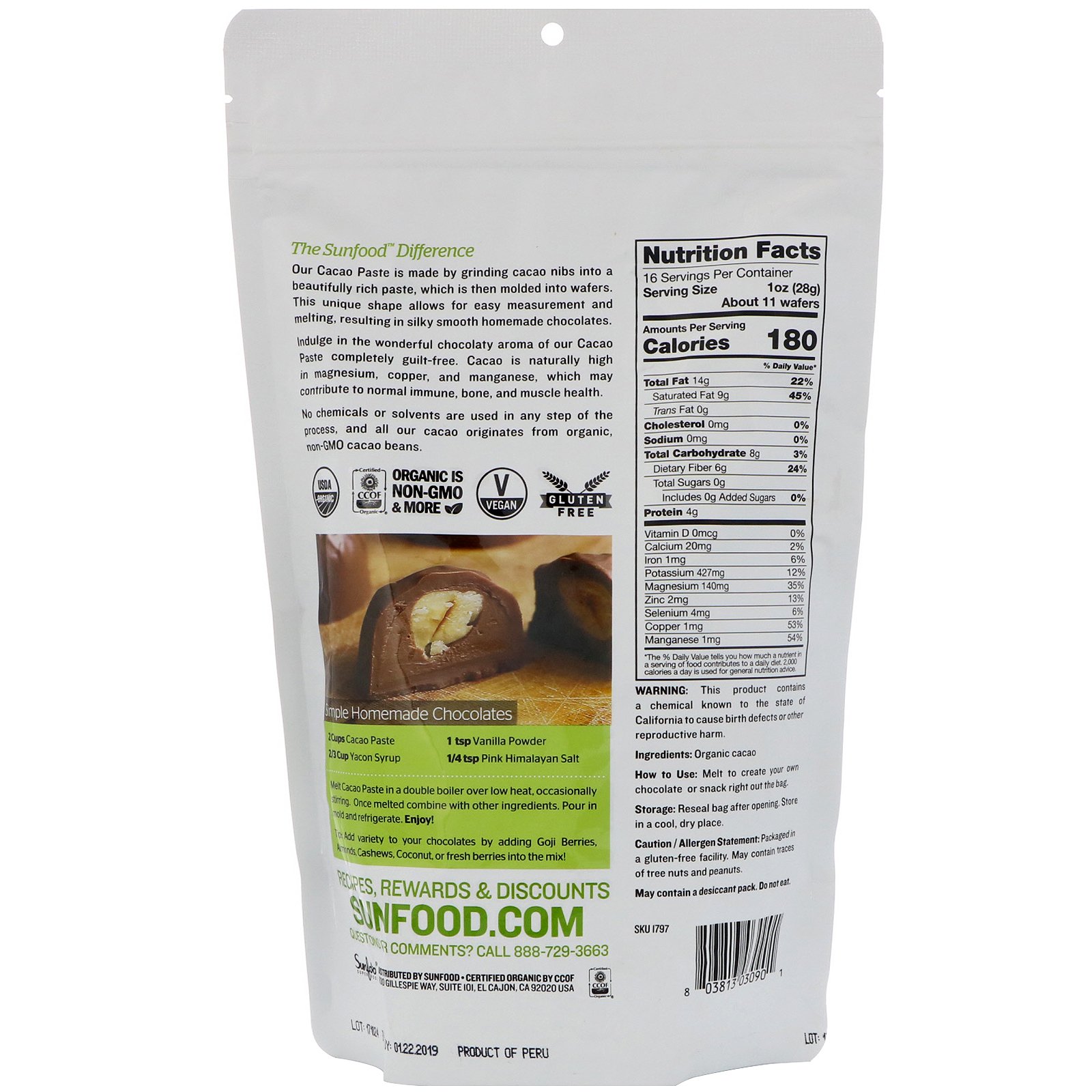 Comprar Sunfood, Pasta de Cacau Orgânico, 454 g (1 lb) - Imagem 2