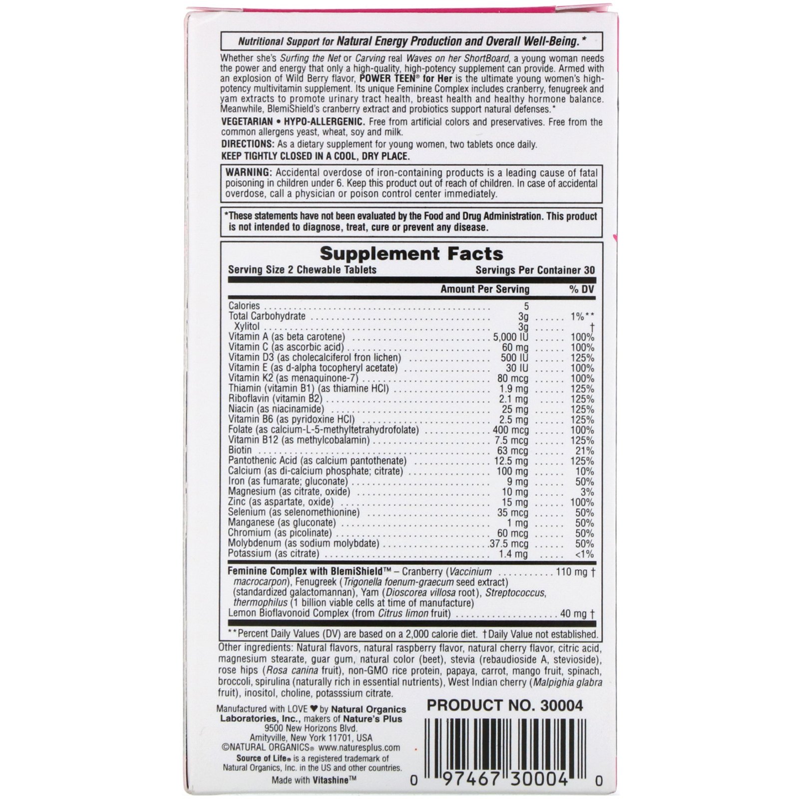Comprar Nature's Plus, Source of Life, Força Adolescente, Para Elas, Sem Açúcar, Sabor de Natural de Frutas Silvestres, 60 Comprimidos Mastigáveis - Imagem 2