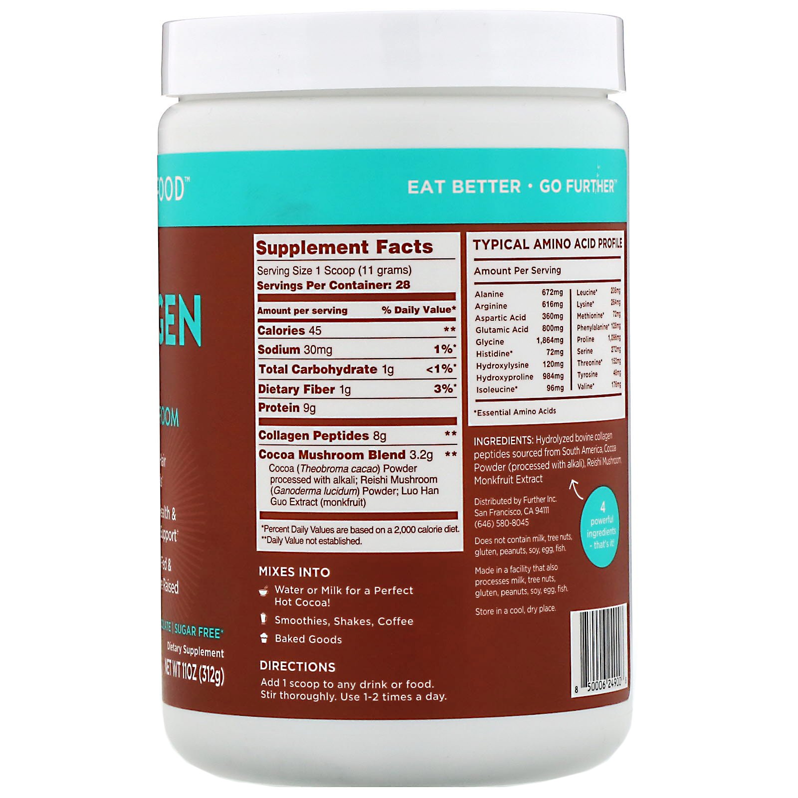 Comprar Further Food, Peptídeos de Colágeno de Chocolate com Cogumelo Reishi, Chocolate Amargo, 312 g (11 oz) - Imagem 2