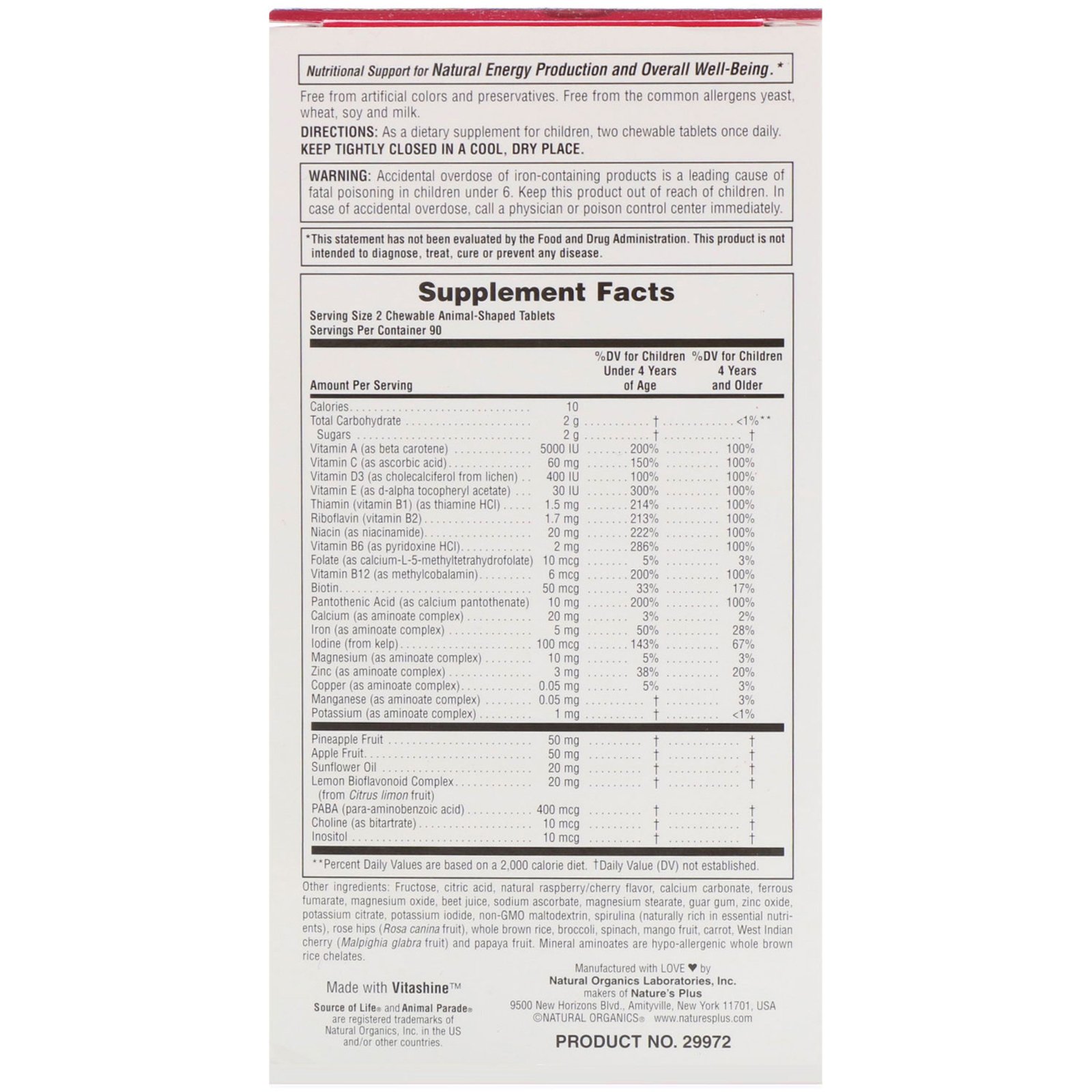 Comprar Nature's Plus, Fonte de Vida, Animal Parade, Suplemento Multivitamínico e Multimineral Mastigável para Crianças, Sabor Natural de Cereja, 180 Bichinhos - Imagem 2