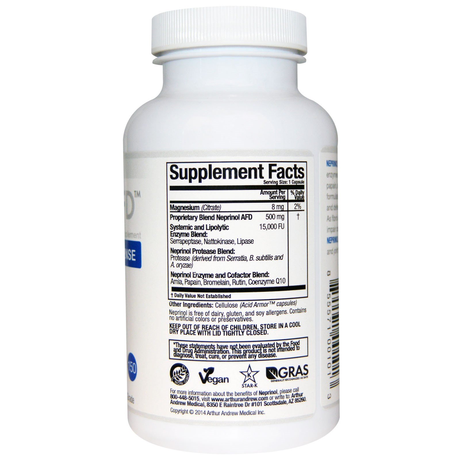 Comprar Arthur Andrew Medical, Neprinol AFD, Advanced Fibrin Defense, 500 mg, 150 Cápsulas - Imagem 2