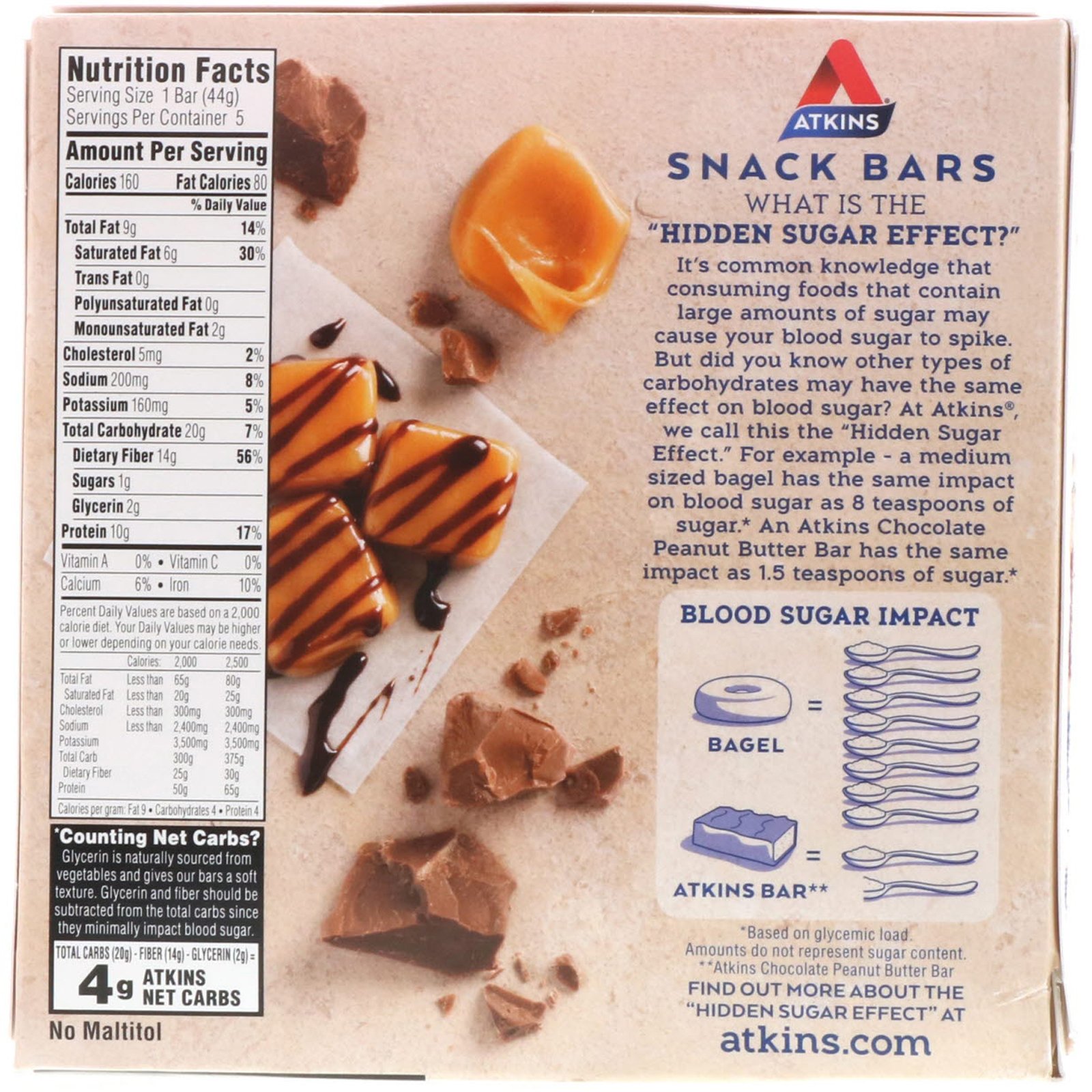 Comprar Atkins, Lanche, Barra Crocante de Caramelo e Chocolate Duplo, 5 Barrinhas, 44 g (1,55 oz) Cada - Imagem 2