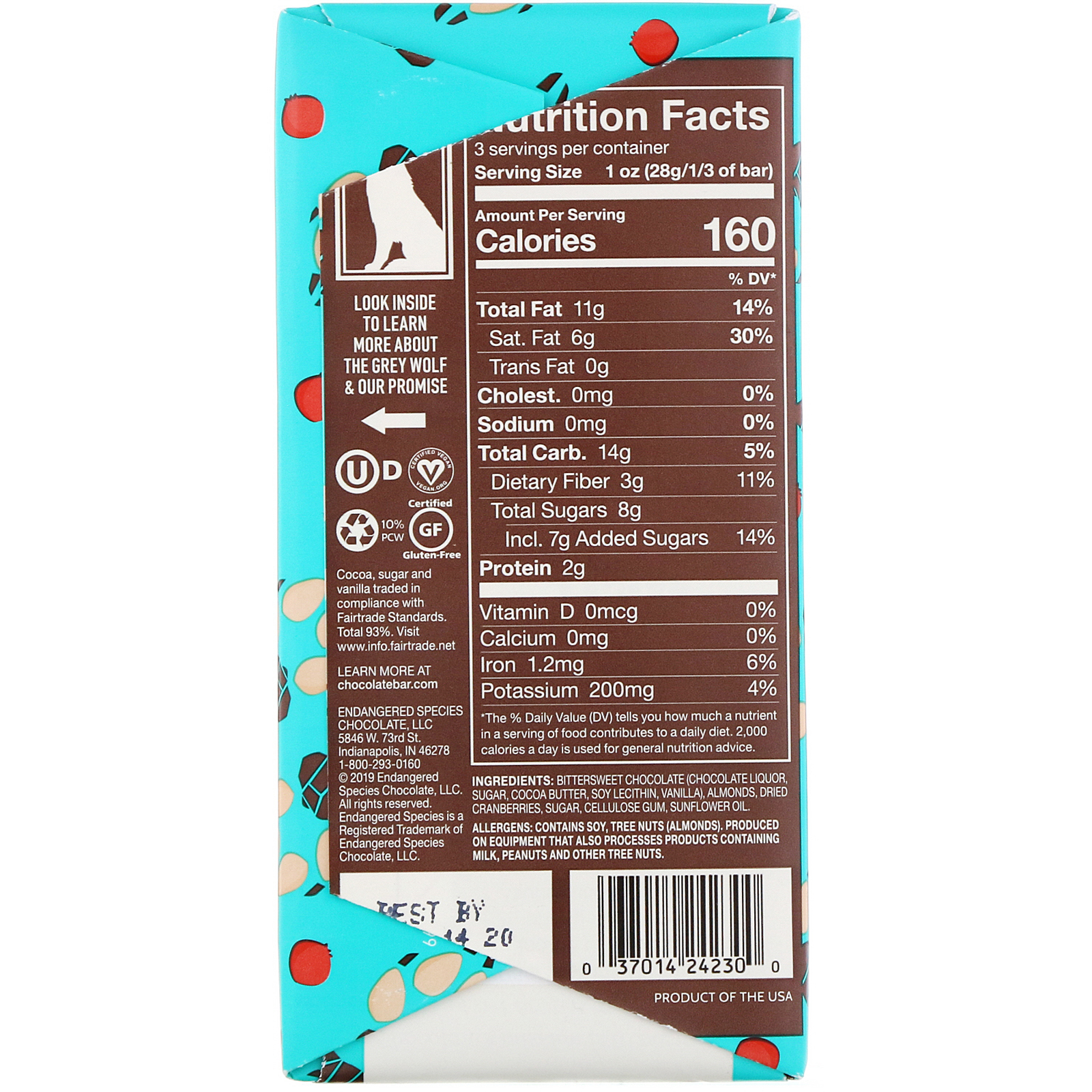 Comprar Endangered Species Chocolate, Cranberries, Almonds + Dark Chocolate, 72% Cocoa, 3 oz (85 g) - Imagem 2