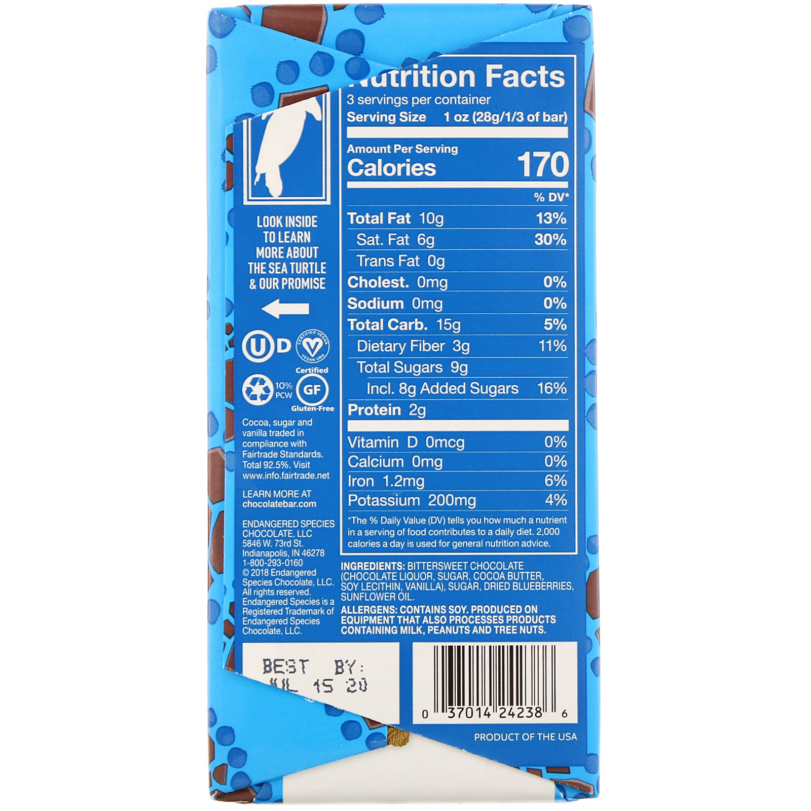 Comprar Endangered Species Chocolate, Luscious Blueberries + Dark Chocolate, 72% Cocoa, 3 oz (85 g) - Imagem 2