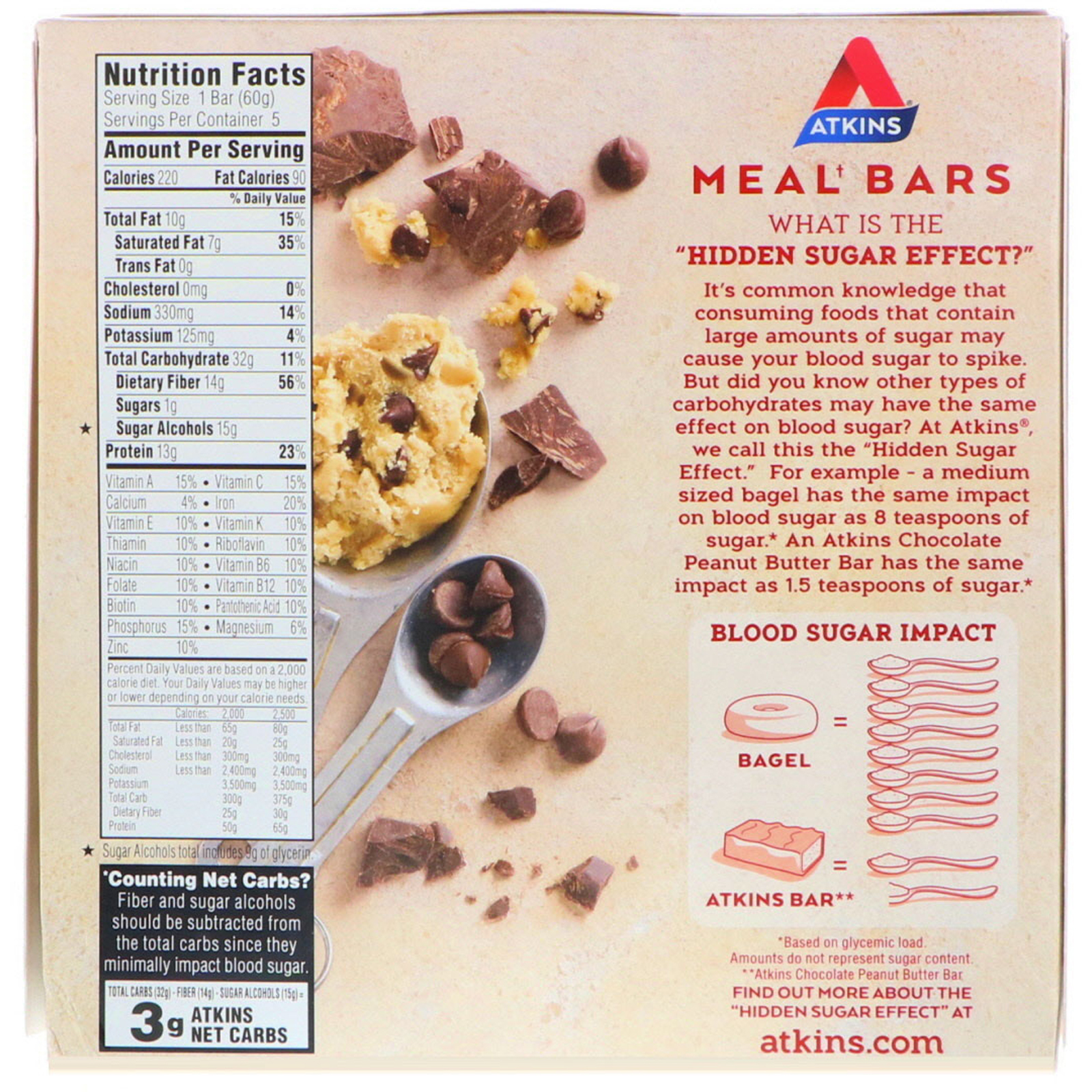 Comprar Atkins, Meal, Chocolate Chip Cookie Dough Bar, 5 Bars, 2.12 oz (60 g) Each - Imagem 2