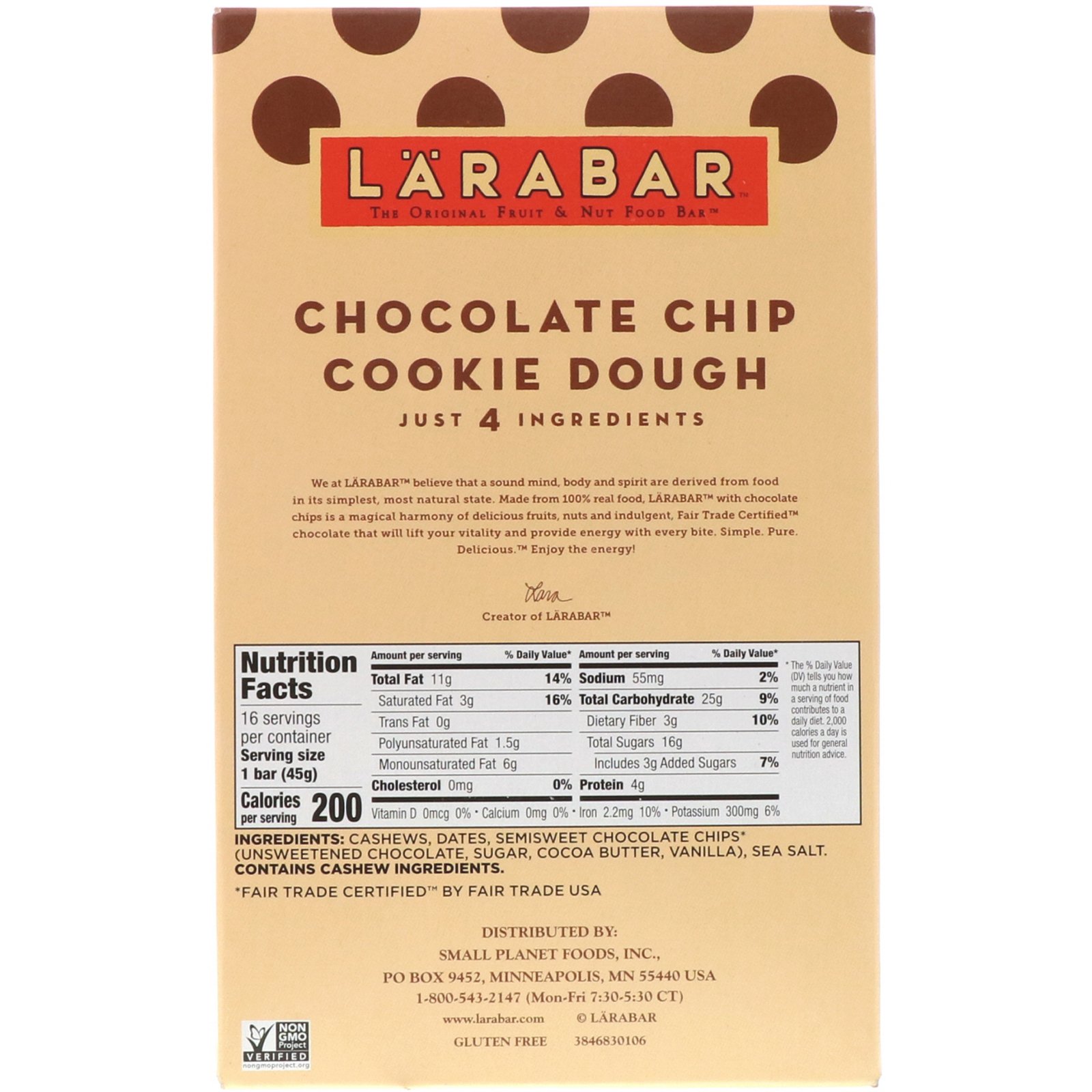 Comprar Larabar, The Original Fruit & Nut Food Bar, Chocolate Chip Cookie Dough, 16 Bars, 1.6 oz (45 g) Each - Imagem 3