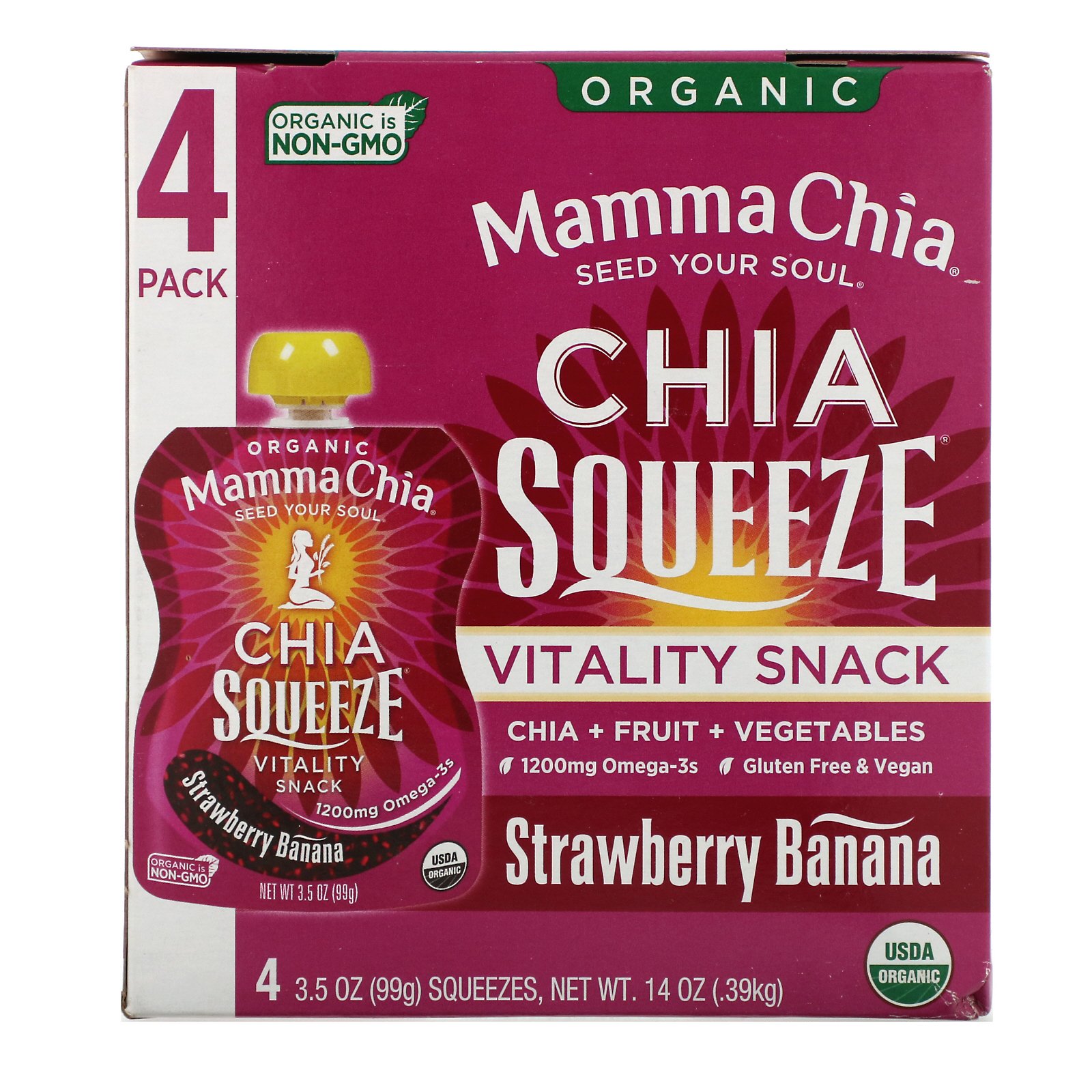 Comprar Mamma Chia, Orgânico, Chia Squeeze, Vitality Snack, Morango e Banana, 4 Pacotes, 3.5 oz (99g) Cada