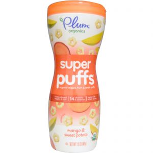 Comprar Plum Organics, Super Puffs, Biscoitos Puffs de Vegetais, Frutas e Grãos Orgânicos, Manga e Batata Doce, 42 g (1,5 oz)