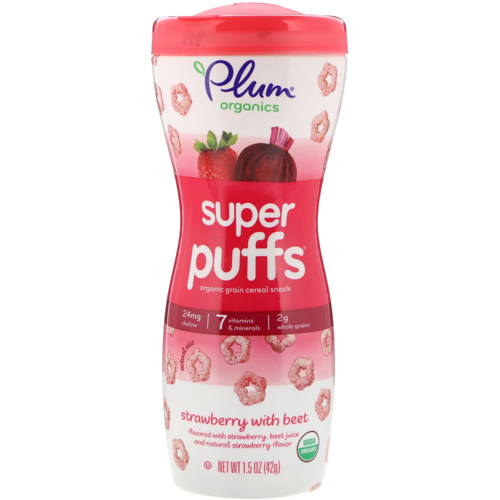 Comprar Plum Organics, Super Puffs, petisco de cereais e grãos orgânicos, morango com beterraba, 1,5 oz (42 g)