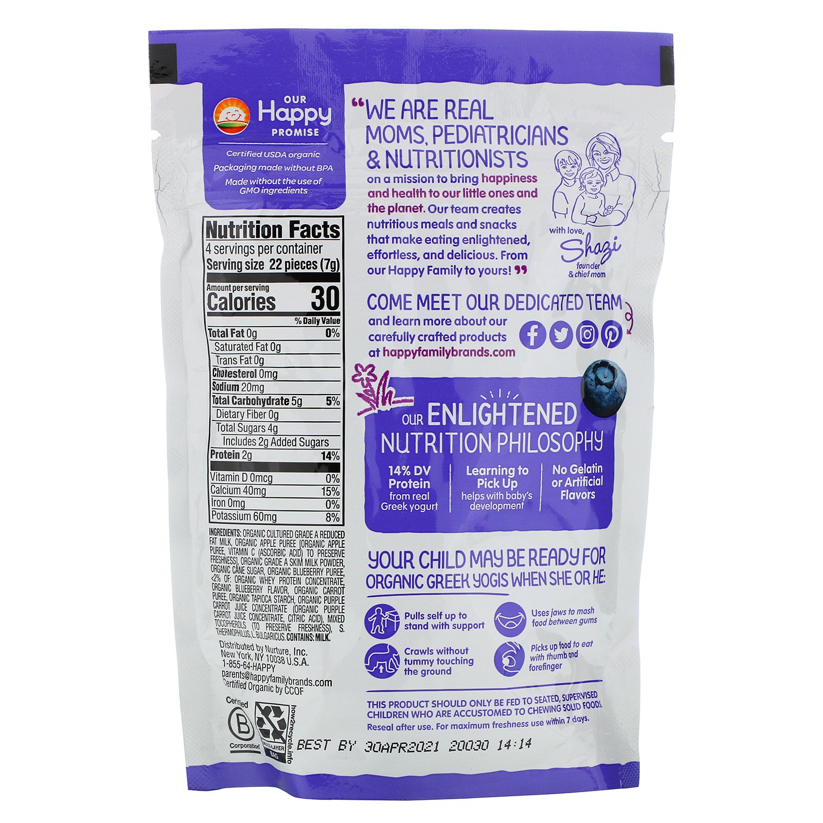 Comprar Happy Family Organics, Yogis, Iogurte Grego Orgânico, Mirtilo e Cenoura Roxa, 28 g (1 oz) - Imagem 2
