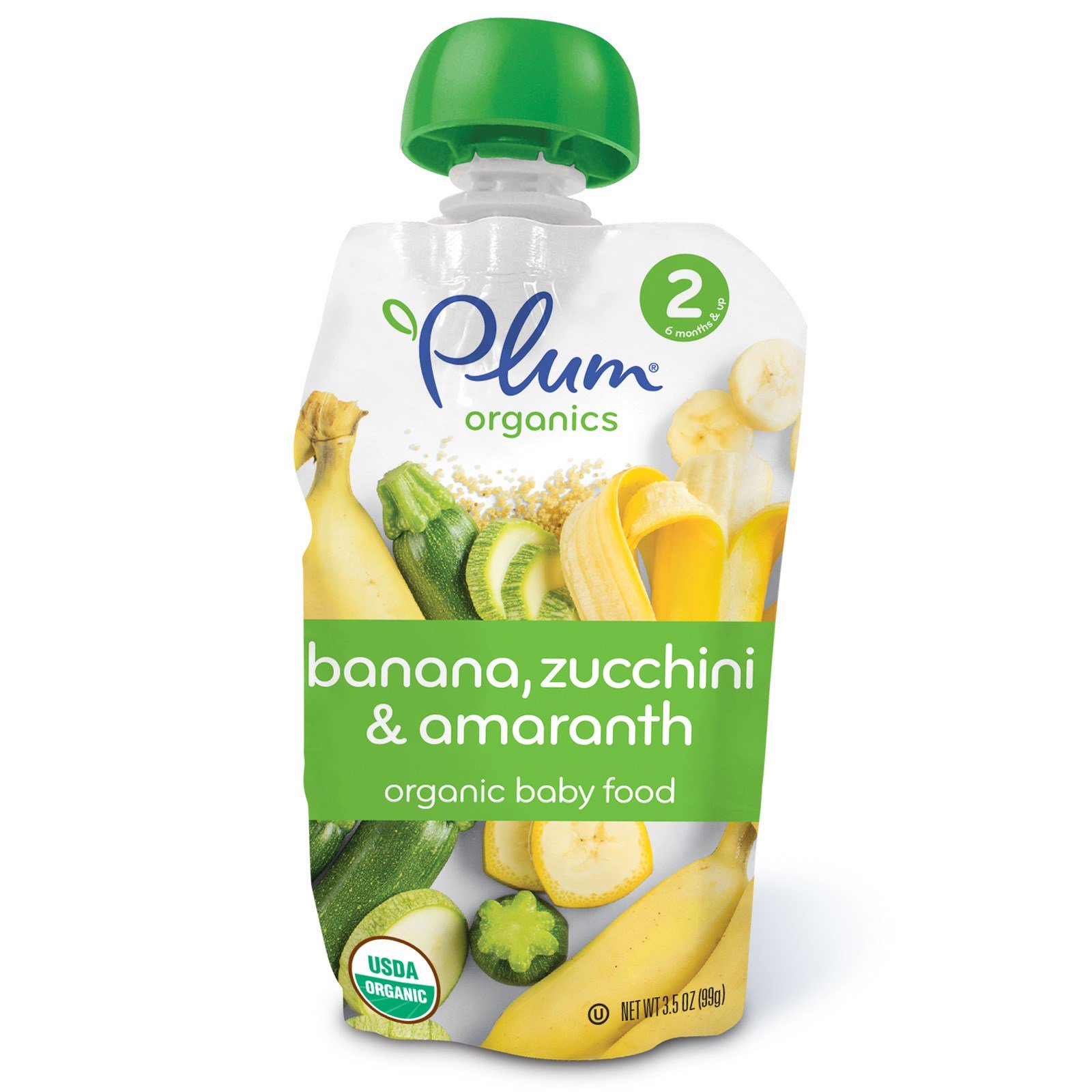 Comprar Plum Organics, Comida orgânica para bebê, Fase 2, banana, abobrinha e amaranto, 3,5 oz (99 g)