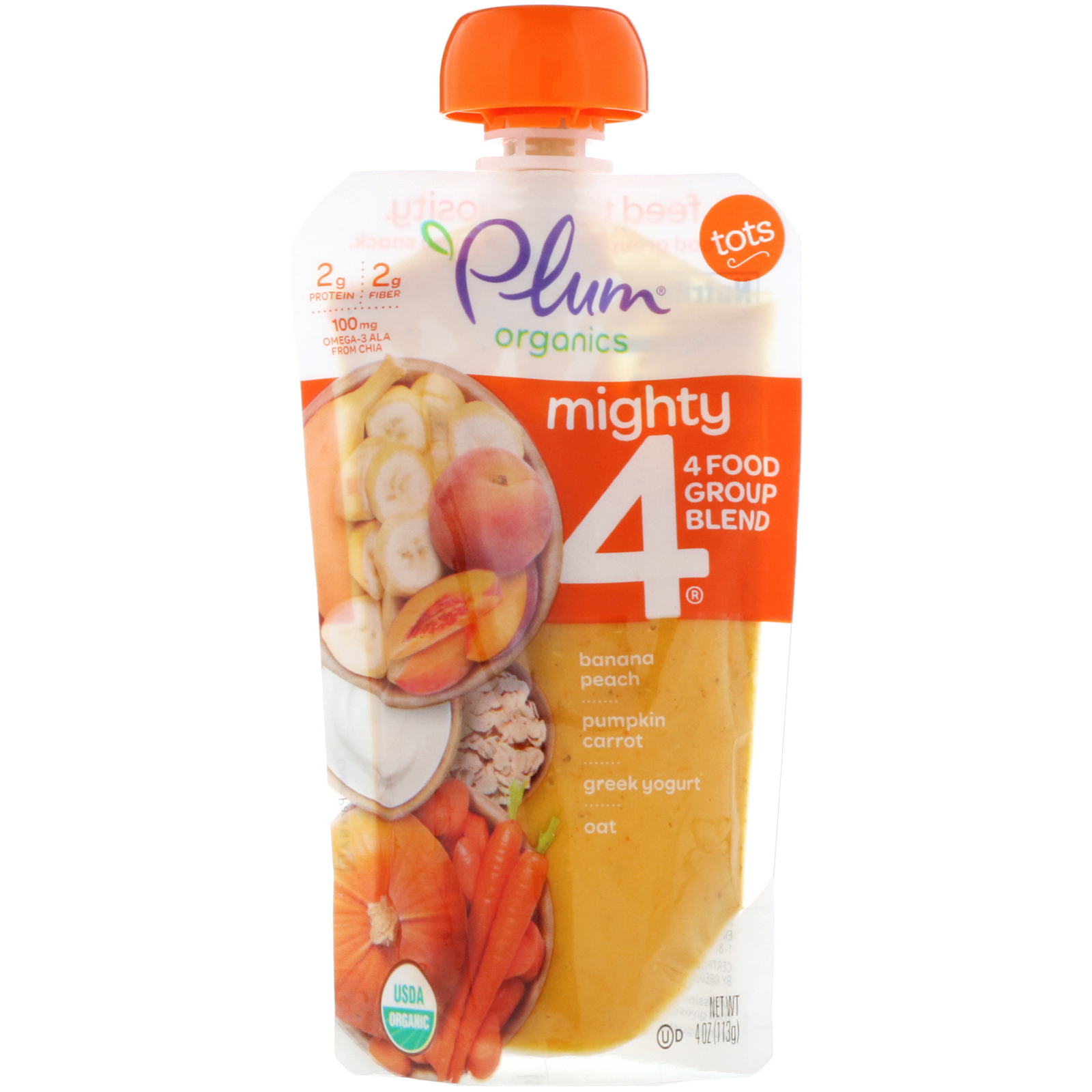 Comprar Plum Organics, Tots, Mighty 4, 4 Food Group Blend, Banana, Peach, Pumpkin, Carrot, Greek Yogurt, Oat, 4 oz (113 g)