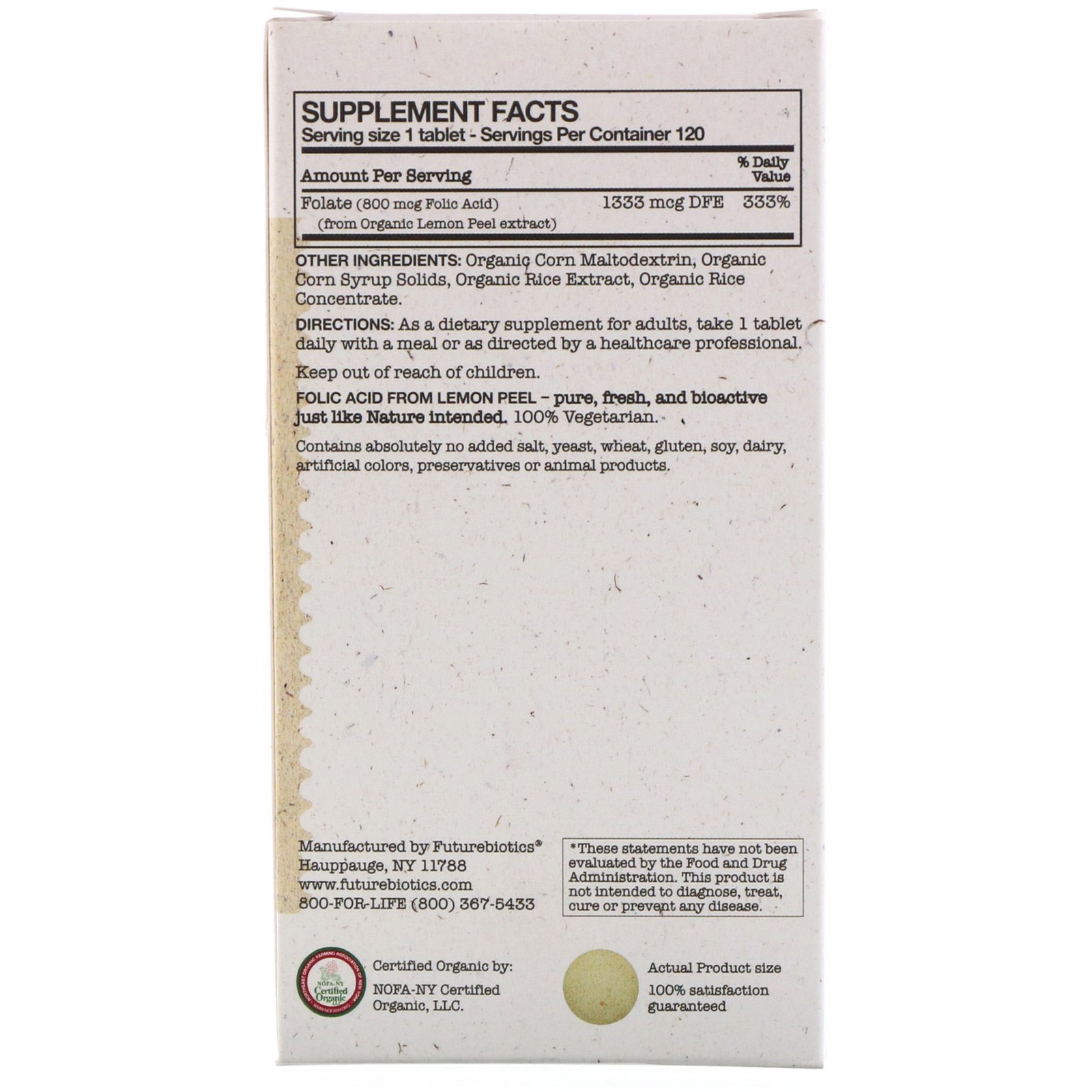 Comprar FutureBiotics, Ácido Fólico de Casca de Limão, 800 mcg, 120 Comprimidos Orgânicos de Origem Vegetal - Imagem 2