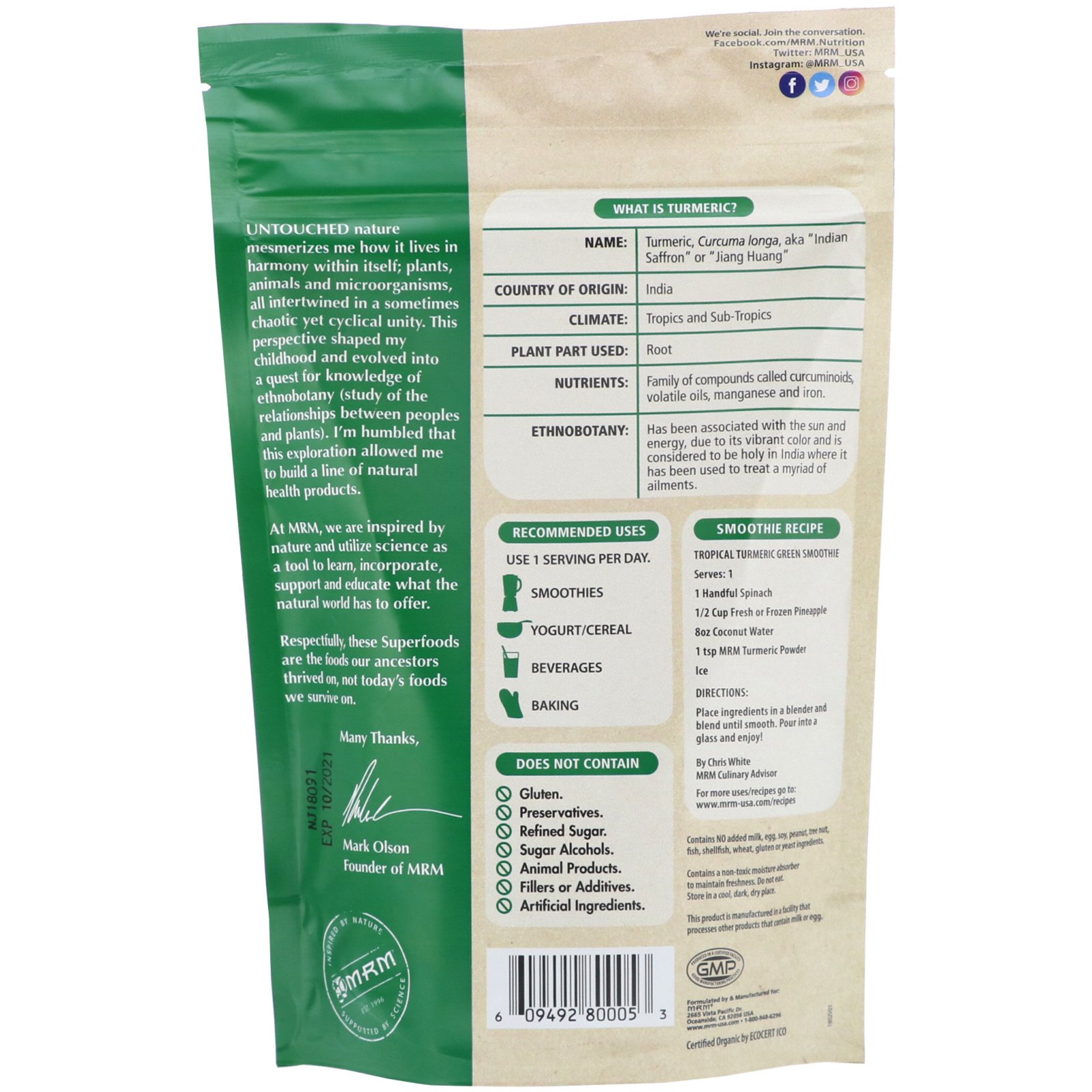 Comprar MRM, RAW Organic Turmeric Root Powder, 6 oz (170 g) - Imagem 2