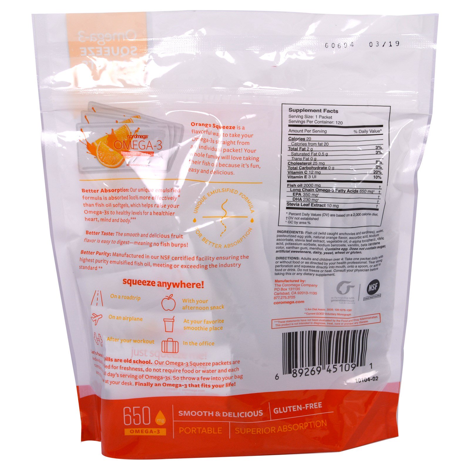 Comprar Coromega, Ômega 3, Squeeze de Laranja, 120 Pacotes, 2,5 g Cada - Imagem 2