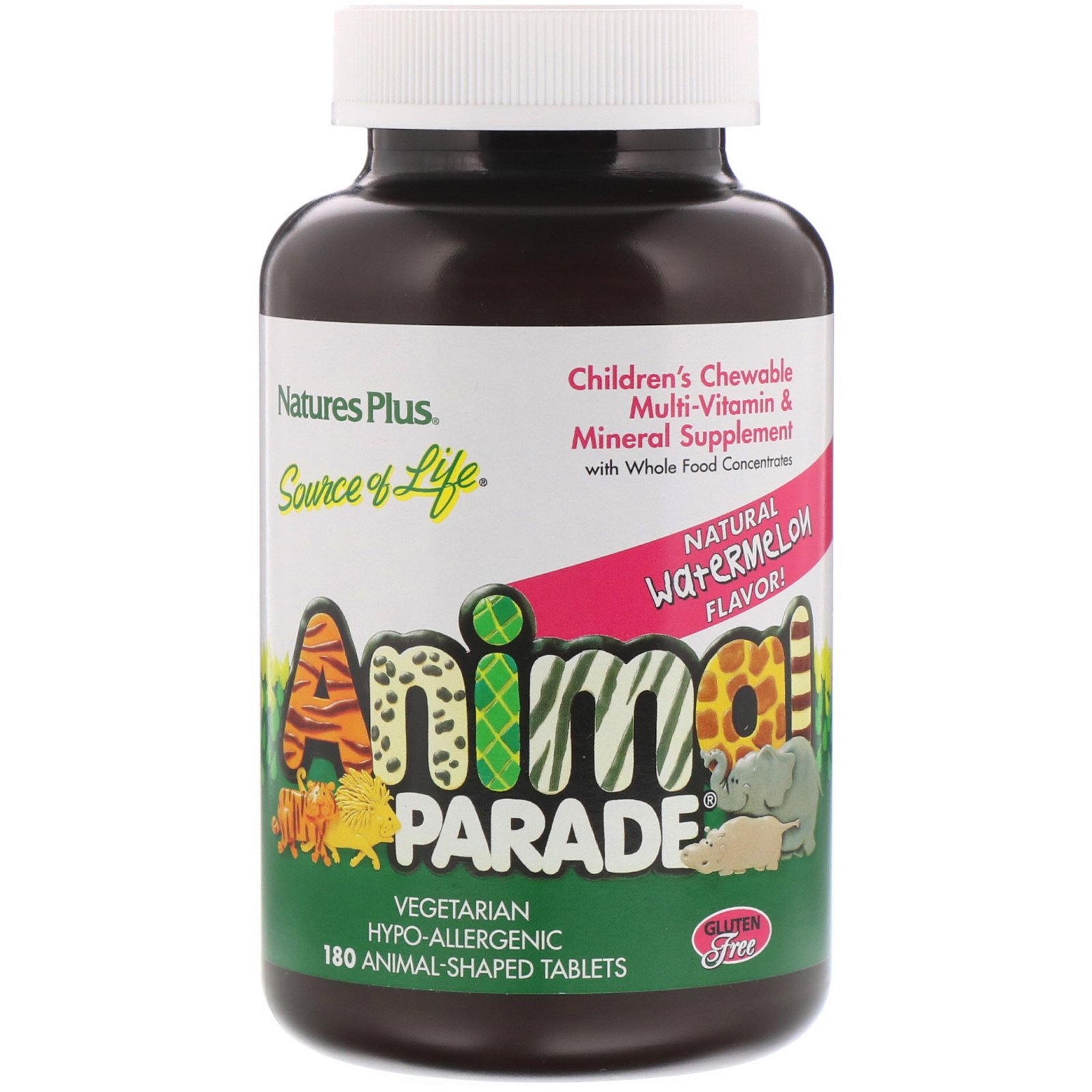 Comprar Nature's Plus, Source of Life, Animal Parade, Children's Chewable Multi-Vitamin and Mineral Supplement, Natural Watermelon Flavor, 180 Animal-Shaped Tablets - Imagem 3