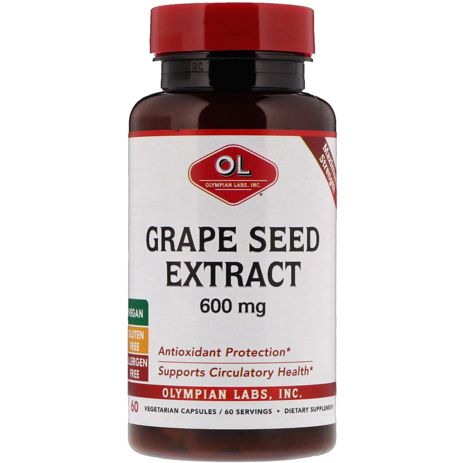 Comprar Olympian Labs, Extrato de Semente de Uva, Força Máxima, 600 mg, 60 Cápsulas Vegetais