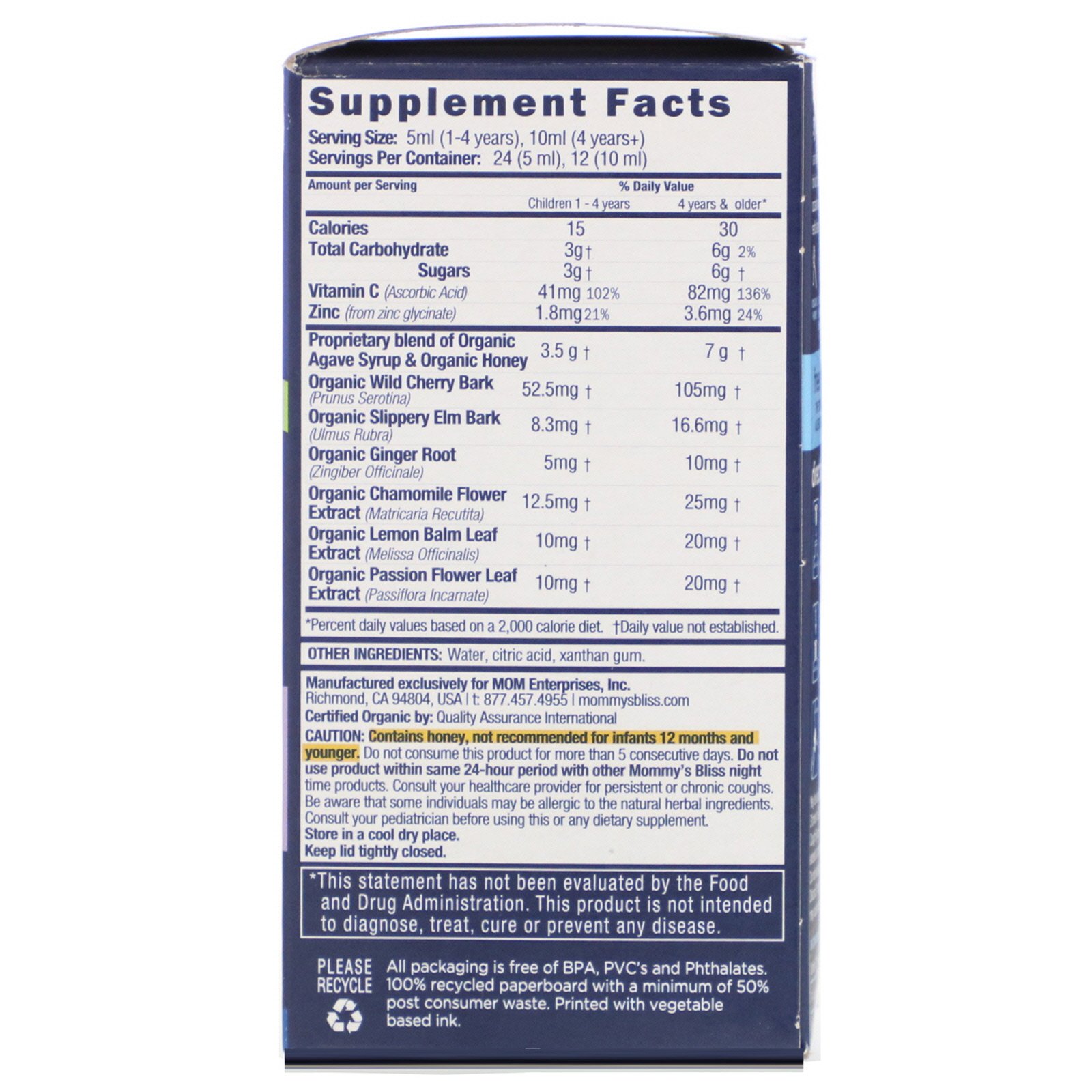 Comprar Mommy's Bliss, Kids, Organic Cough Syrup, Night Time, 1-12 Yrs, 4 fl oz (120 ml) - Imagem 2