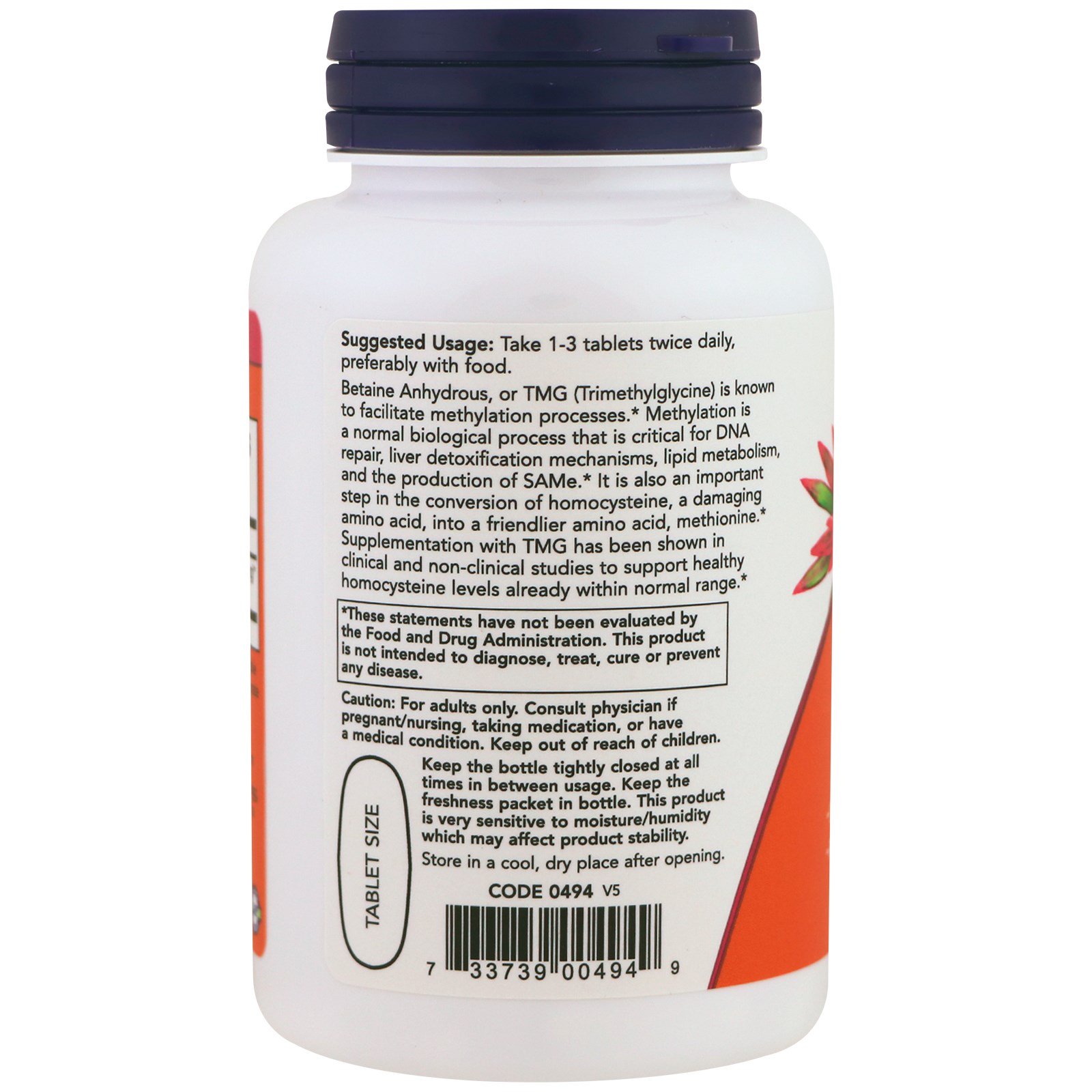 Comprar Now Foods, TMG, 1.000 mg, 100 Comprimidos - Imagem 3