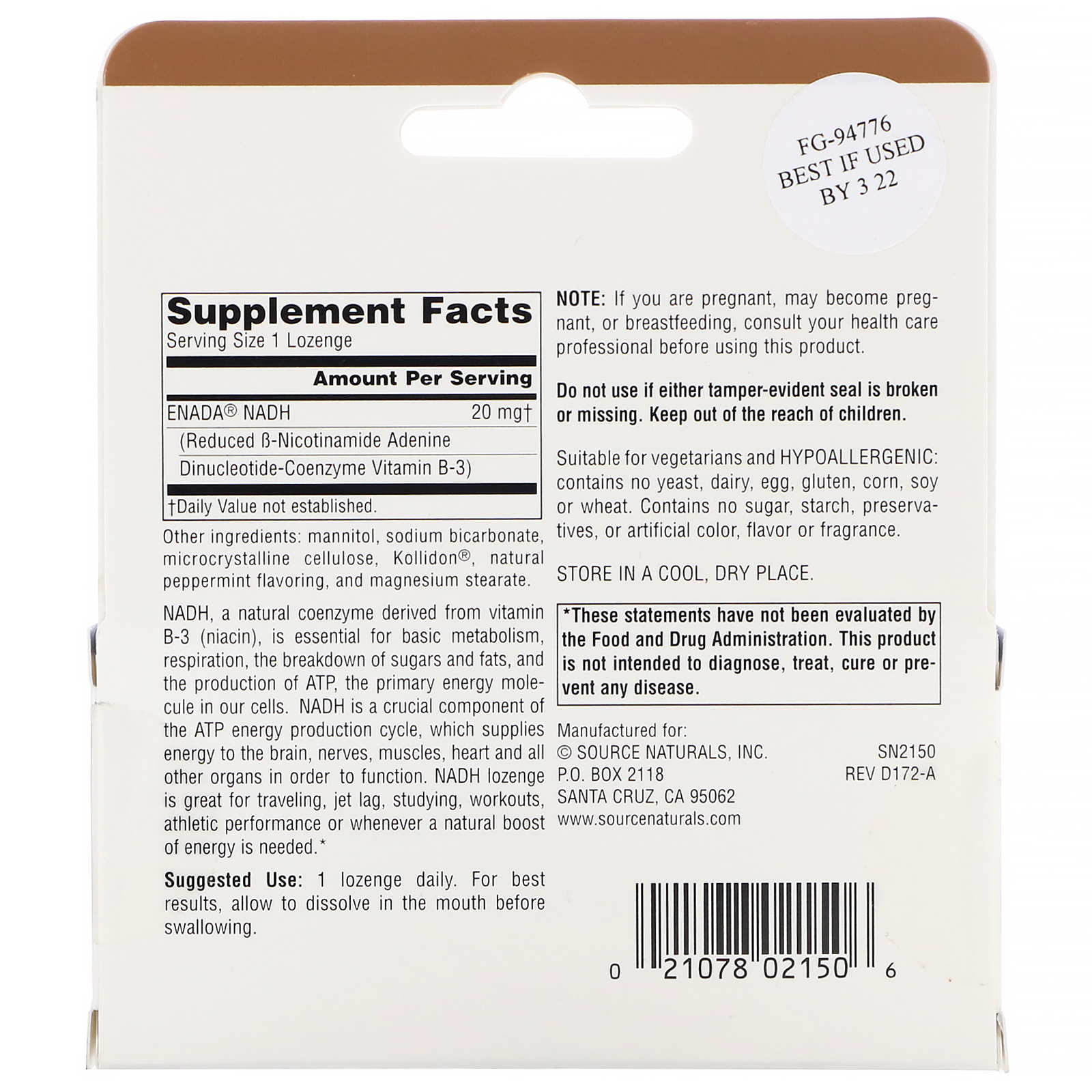 Comprar Source Naturals, NADH, 20 mg, 30 Comprimidos Sublinguais - Imagem 2