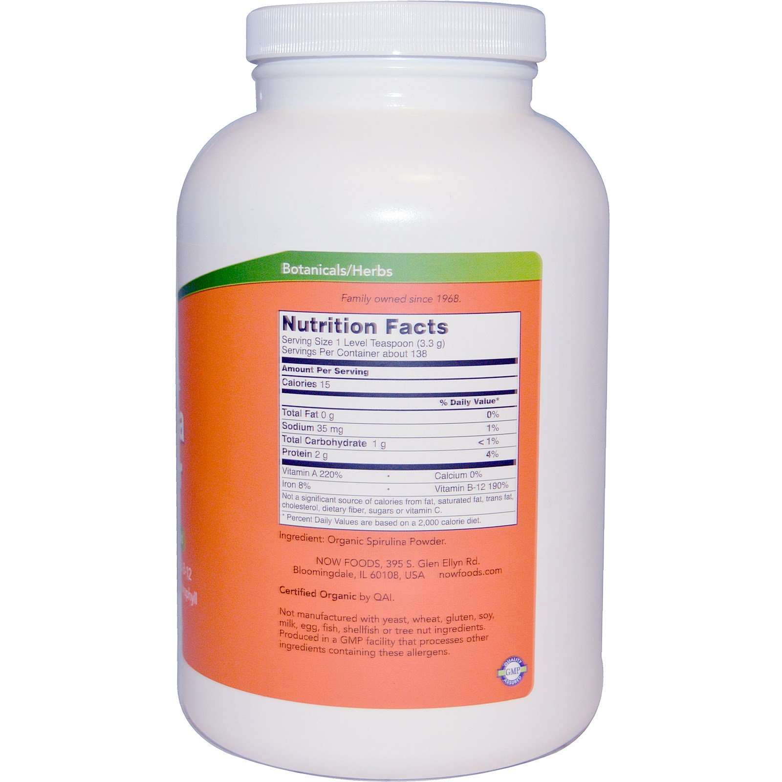 Comprar Now Foods, Espirulina Orgânica Certificada em Pó, 454 g (1 lb) - Imagem 2