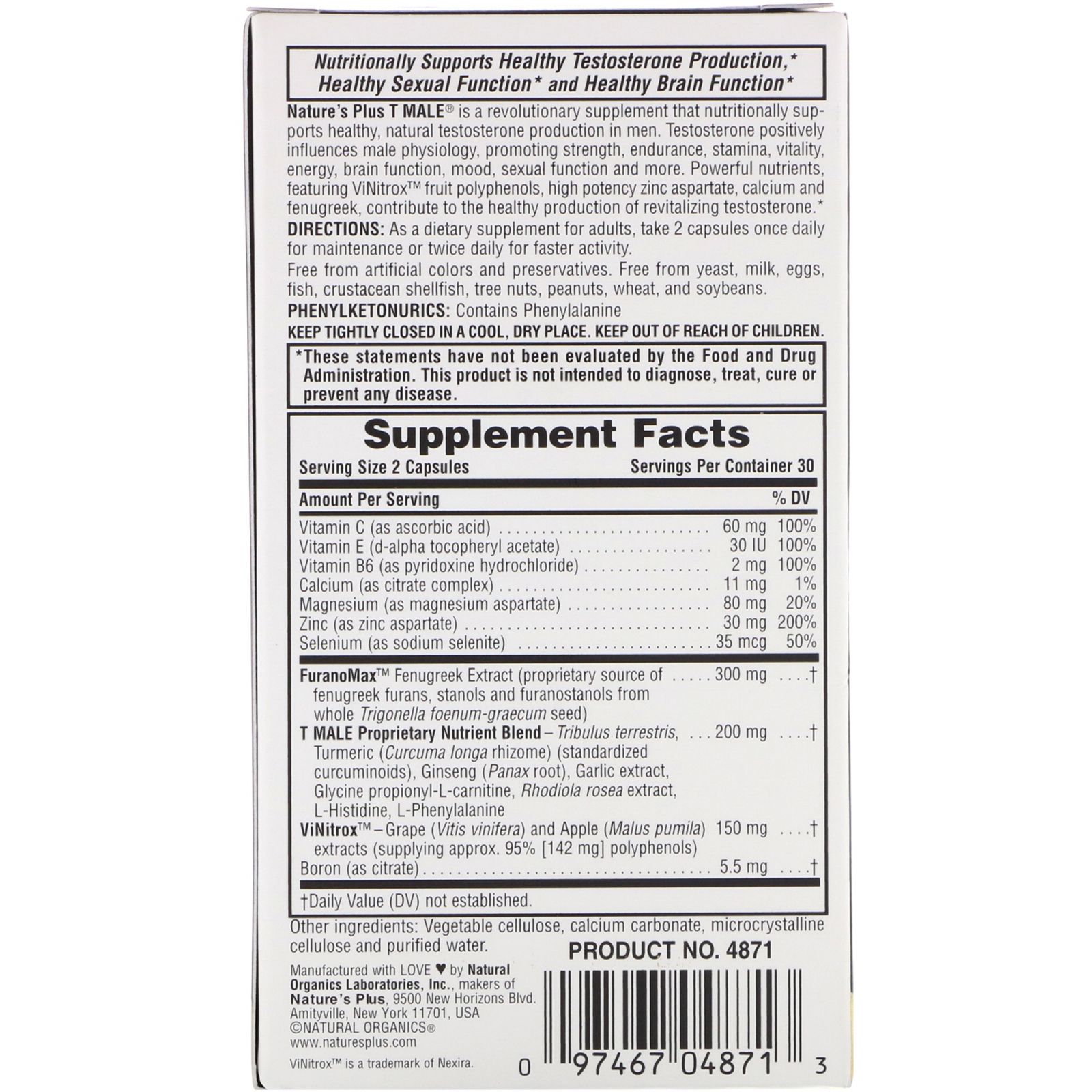 Comprar Nature's Plus, T Male, Reforço de Testosterona para Homens, 60 Cápsulas Vegetarianas - Imagem 2