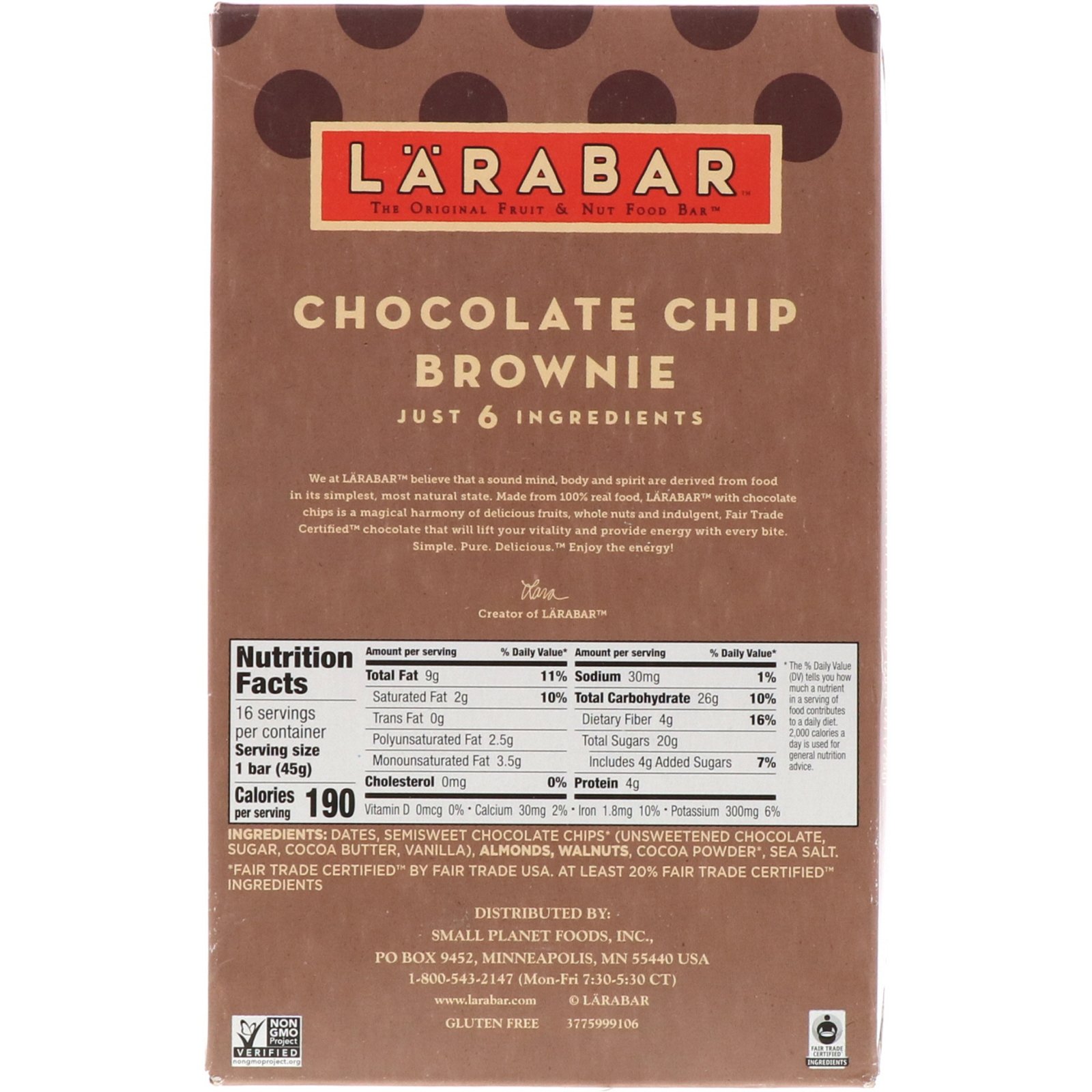 Comprar Larabar, The Original Fruit & Nut Food Bar, Chocolate Chip Brownie, 16 Bars, 1.6 oz (45 g) Each - Imagem 3
