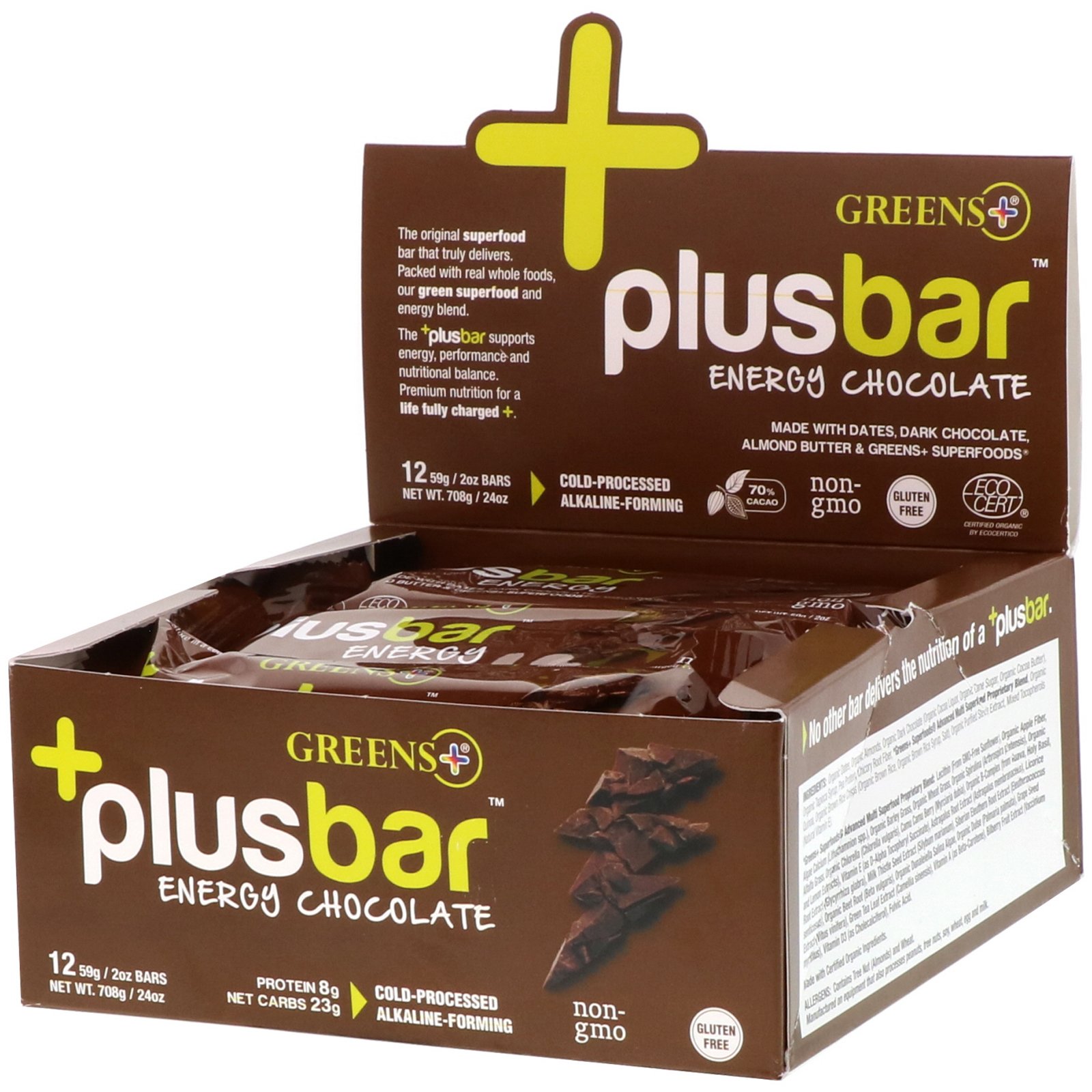 Comprar Greens Plus, Plusbar, Energy Chocolate, 12 Bars, 2 oz (59 g) Each