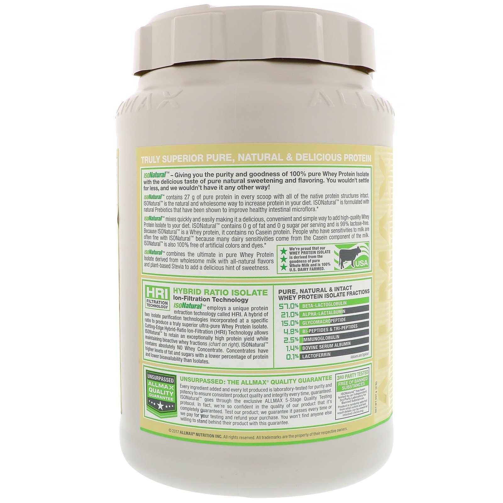 Comprar ALLMAX Nutrition, IsoNatural, Isolato 100% Ultrapuro de Proteína Whey Natural, Chocolate, 2 lbs (907 g) - Imagem 3