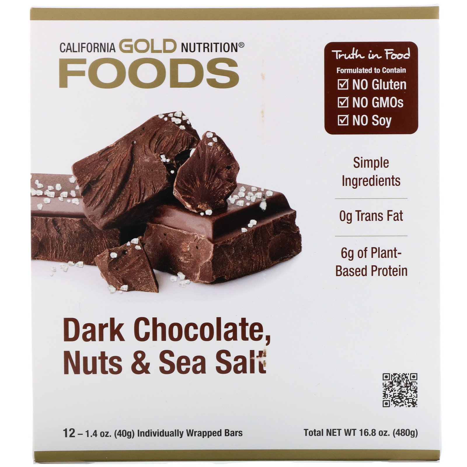 Comprar California Gold Nutrition, Alimentos, Chocolate Meio Amargo, Frutas Secas e Sal Marinho, 12 Barras, 40 g (1,4 oz) cada - Imagem 2