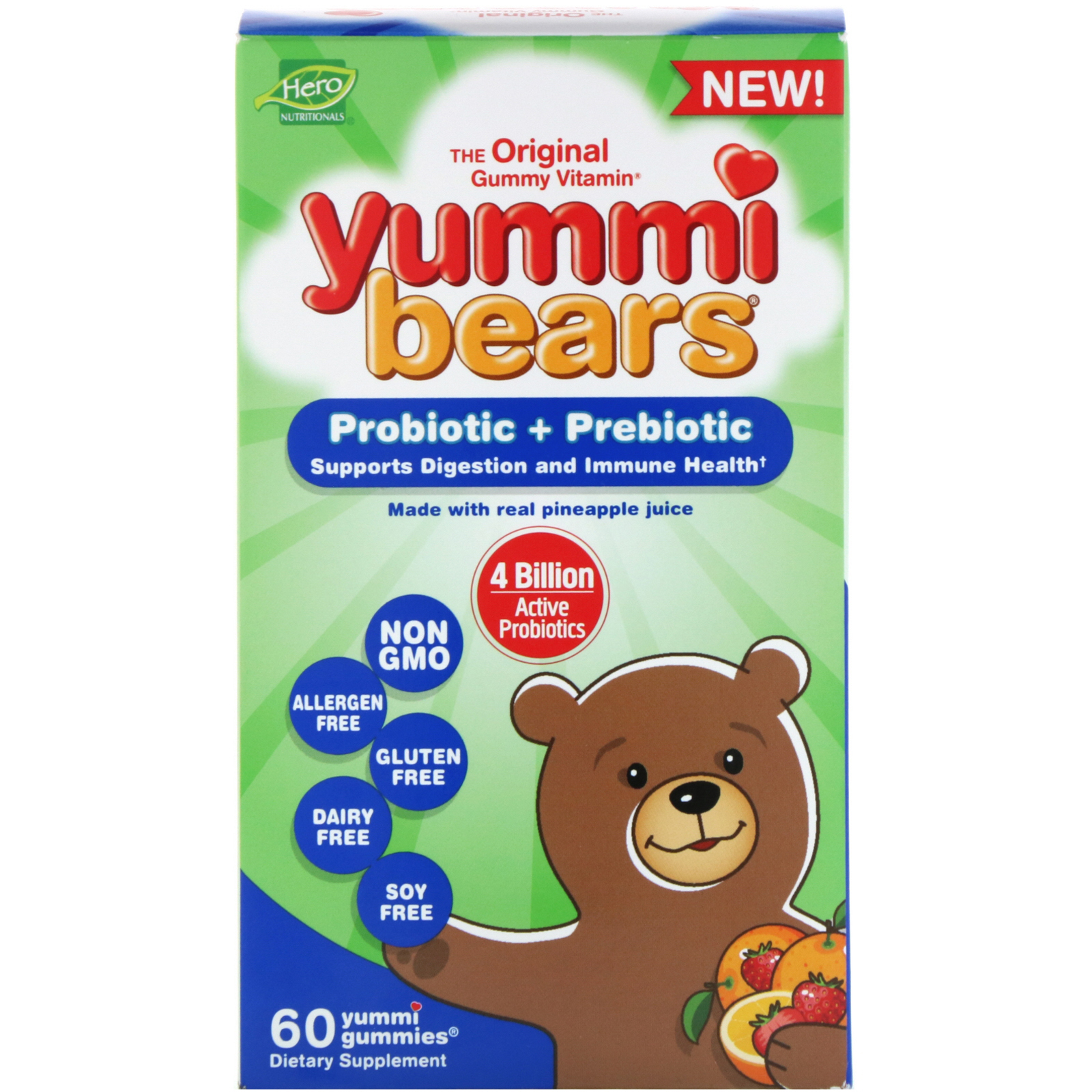 Comprar Hero Nutritional Products, Yummi Bears, Probiótico + Prebiótico, Sabores Naturais de Morango e Laranja, 60 Jujubas