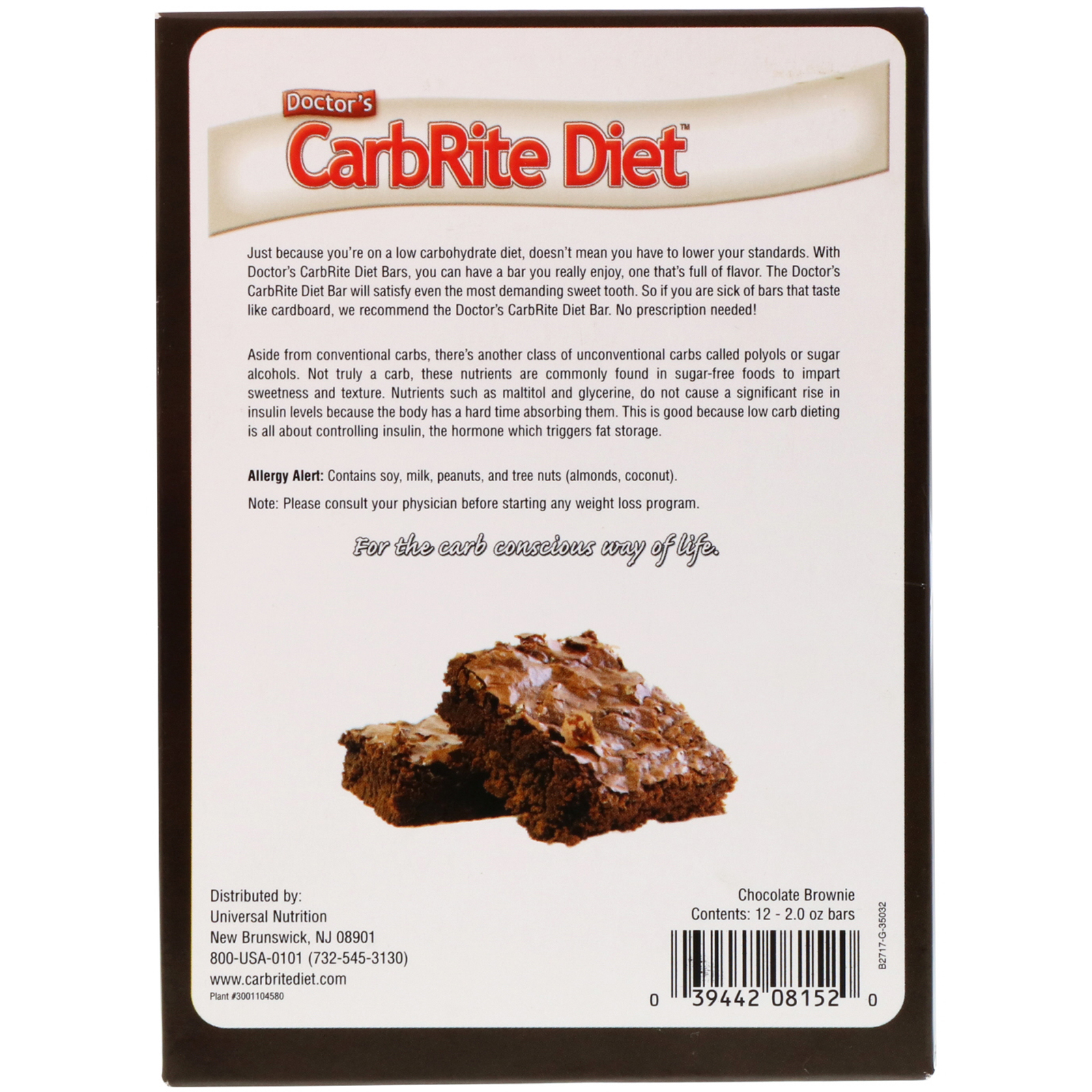 Comprar Universal Nutrition, Doctor's CarbRite Diet Bars, Chocolate Brownie, 12 Bars, 2.00 oz (56.7 g) Each - Imagem 3