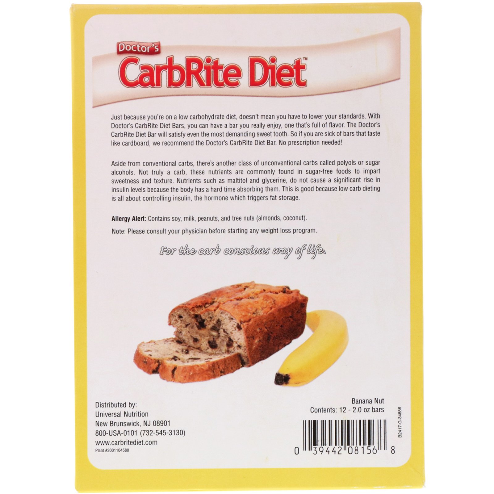 Comprar Universal Nutrition, Doctor's CarbRite Diet Bars, Chocolate Covered Banana Nut with Almonds, 12 Bars, 2 oz (56.7 g) Each - Imagem 3