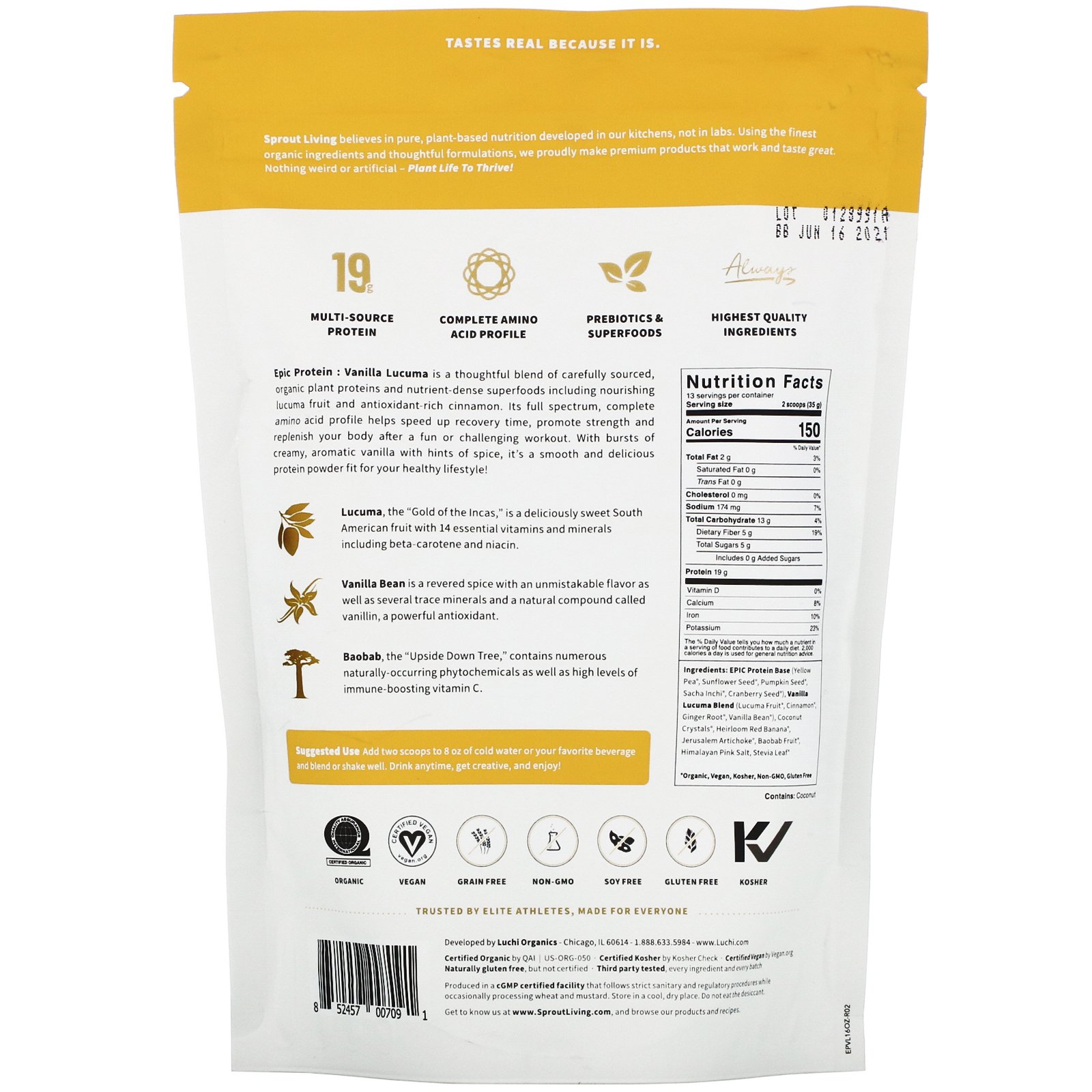 Comprar Sprout Living, Epic Protein, Organic Plant Protein + Superfoods, Vanilla Lucuma, 1 lb (455 g) - Imagem 2