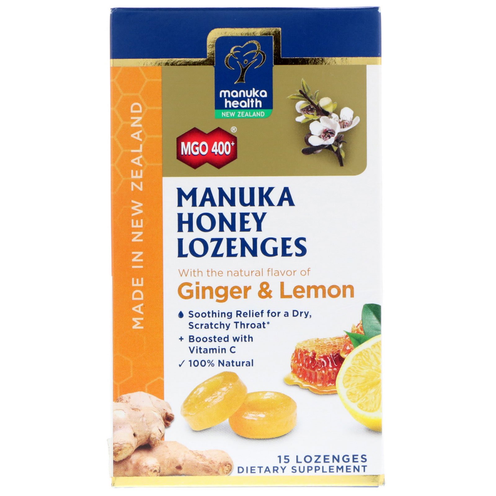 Comprar Manuka Health, Manuka Honey Lozenges, MGO 400+, Ginger & Lemon, 15 Lozenges