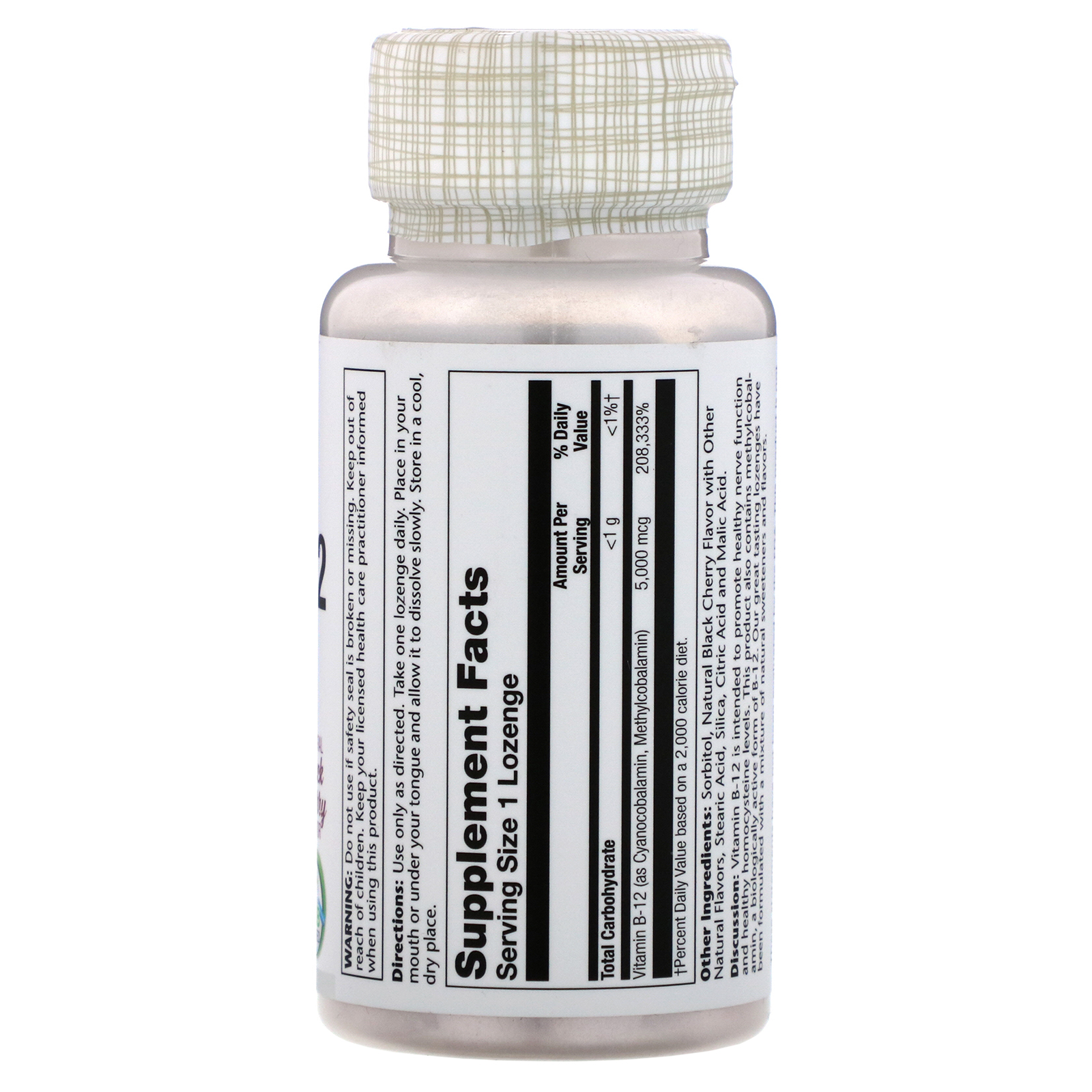 Comprar Solaray, Vitamina B-12, Cereja Preta Natural, 5.000 mcg, 30 Pastilhas - Imagem 2