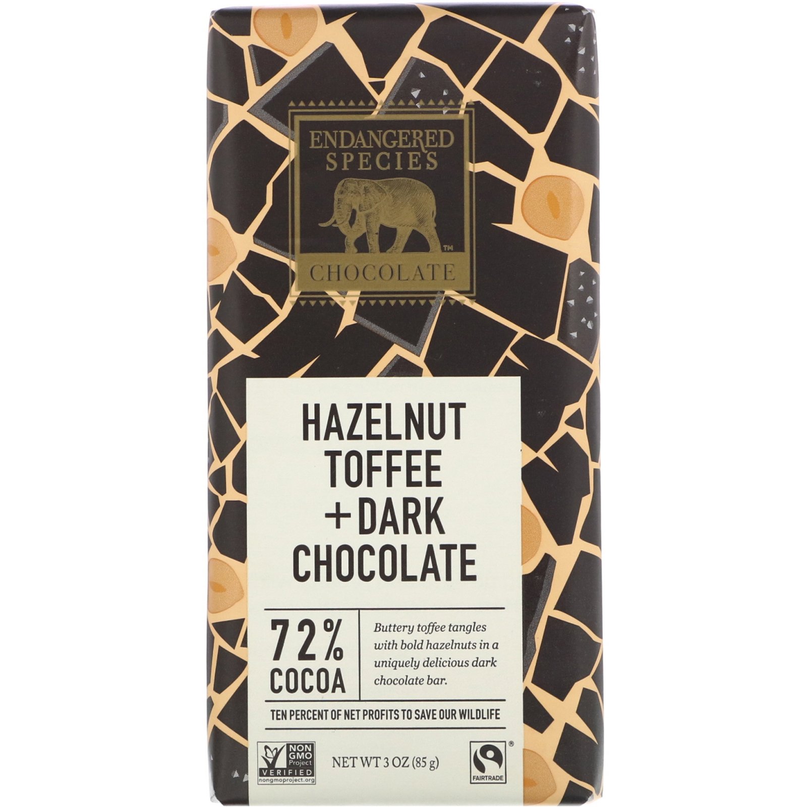 Comprar Endangered Species Chocolate, Hazelnut Toffee + Dark Chocolate, 72% Cocoa, 3 oz (85 g)